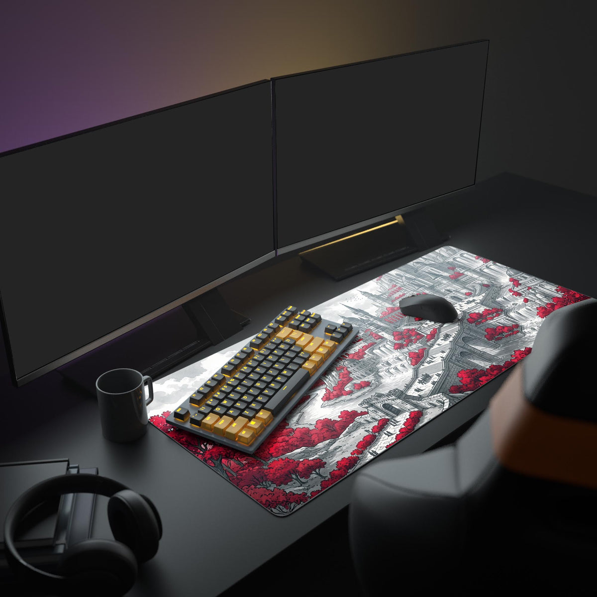 A full gaming setup showing the Redwater Realm XL mouse pad, its epic fantasy cityscape art providing a backdrop for a monitor and peripherals. - Epic Design Pads & Mousepads