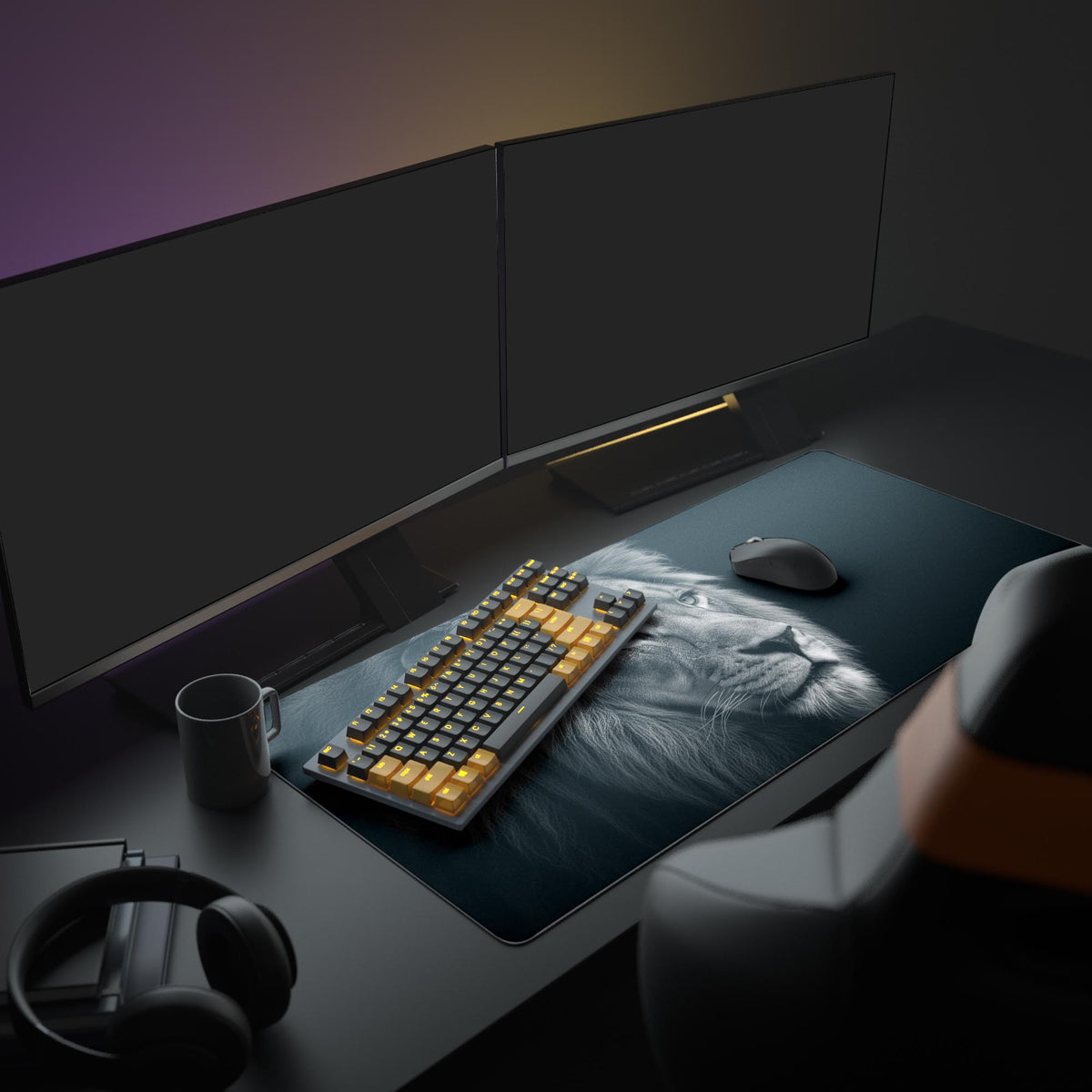 Large black and white lion desk mat in a complete gaming setup with dual monitors, mechanical keyboard, and headphones, enhancing the monochrome aesthetic. - Epic Design Pads