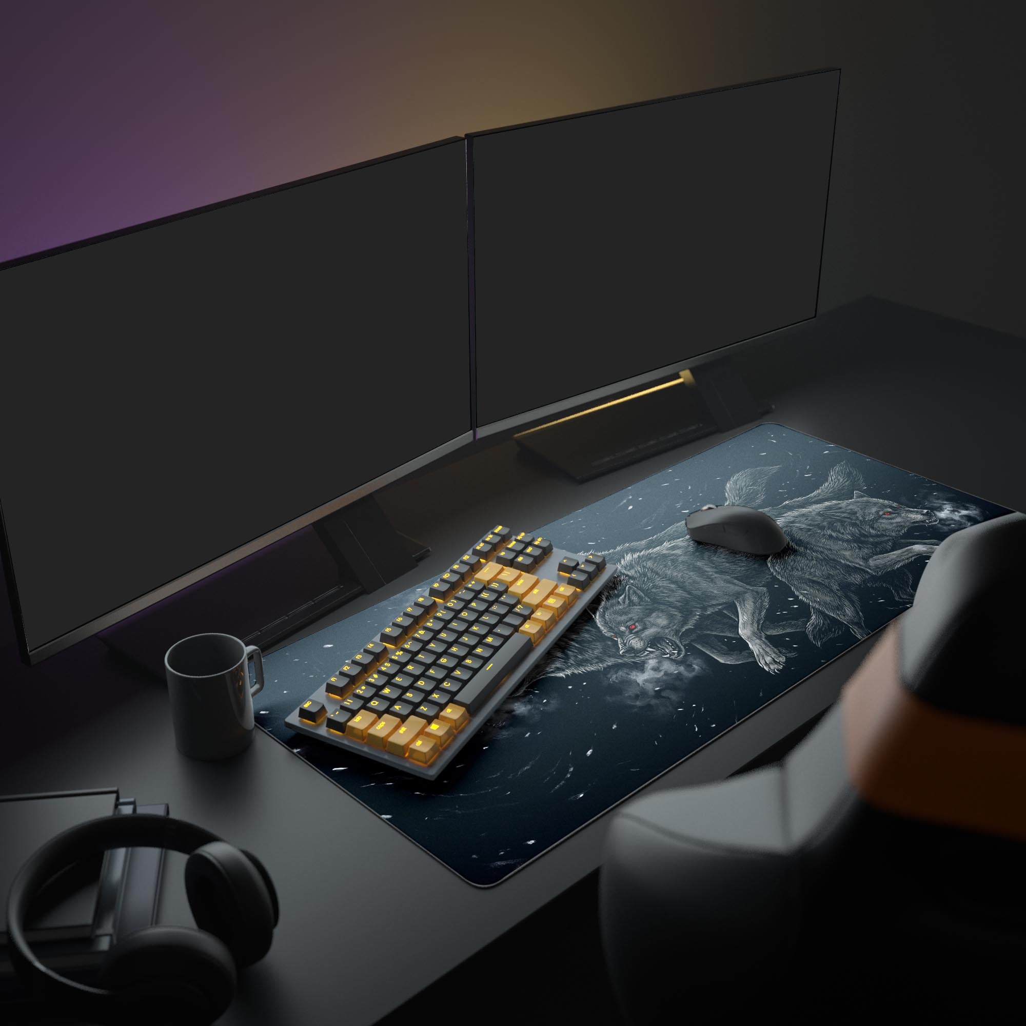 The Relentless Pack gaming desk mat completes a monochrome PC setup. The fierce wolf design adds a dark fantasy aesthetic to the illuminated keyboard and monitors. - Epic Design Pads & Mousepads