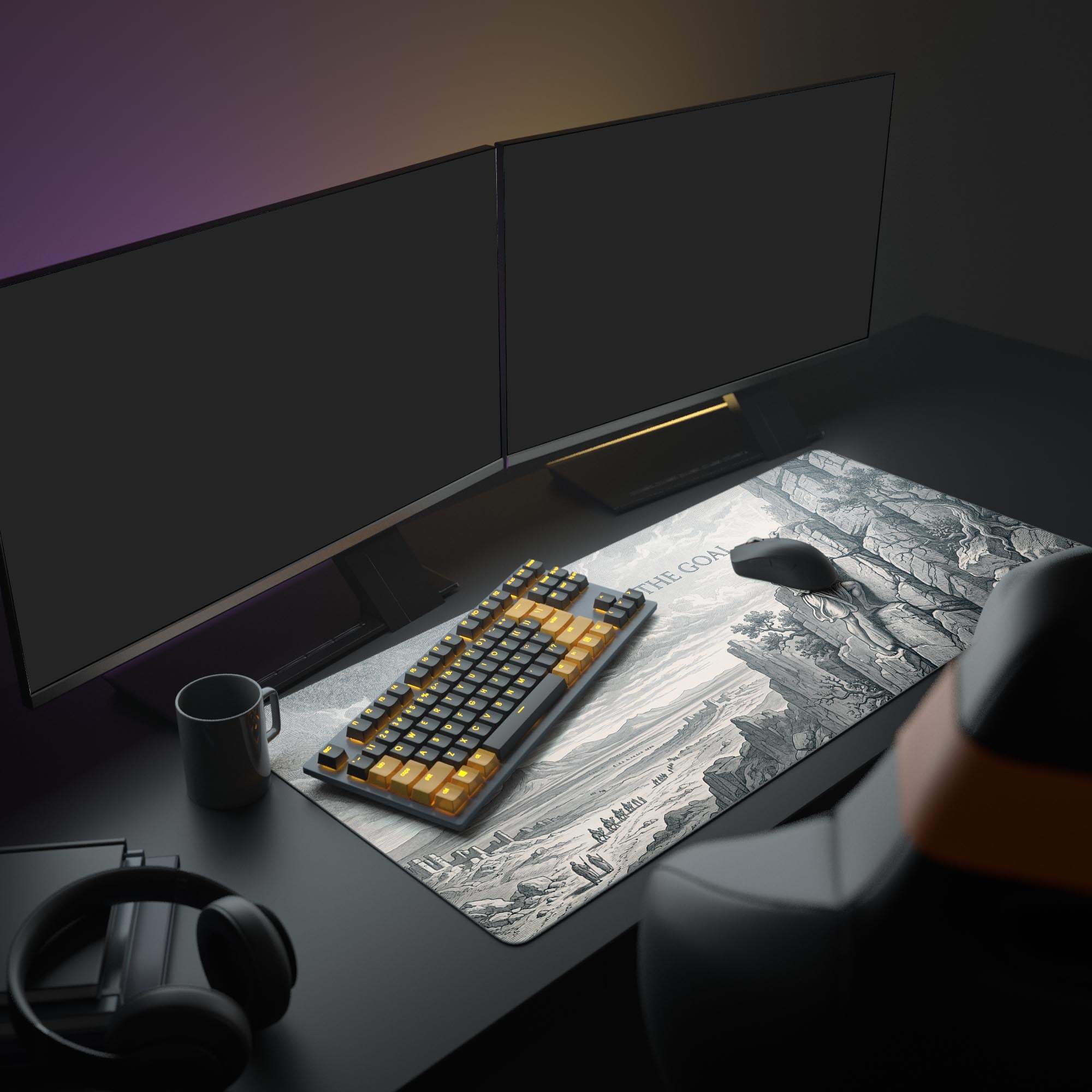 A focused PC setup featuring the stoic climber gaming desk mat, enhancing a Dark Academia workspace with a large monitor and peripherals. - Epic Design Pads & Mousepads