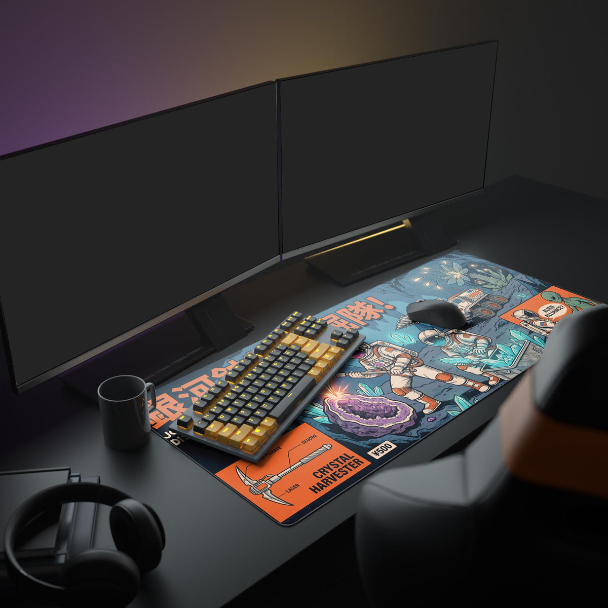 Large Retro Frontier desk mat in a sci-fi themed gaming setup. Shown with dual monitors, a mechanical keyboard, and headphones, enhancing the workspace aesthetic. - Epic Design Pads & Mousepads