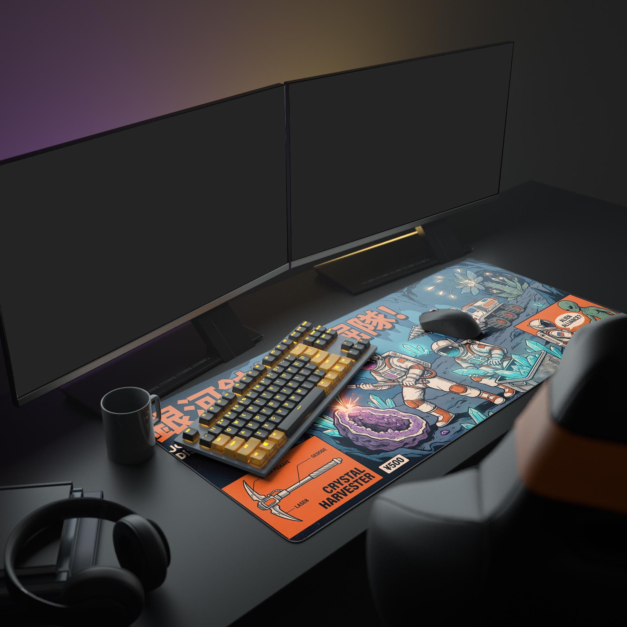 Large Retro Frontier desk mat in a sci-fi themed gaming setup. Shown with dual monitors, a mechanical keyboard, and headphones, enhancing the workspace aesthetic. - Epic Design Pads & Mousepads