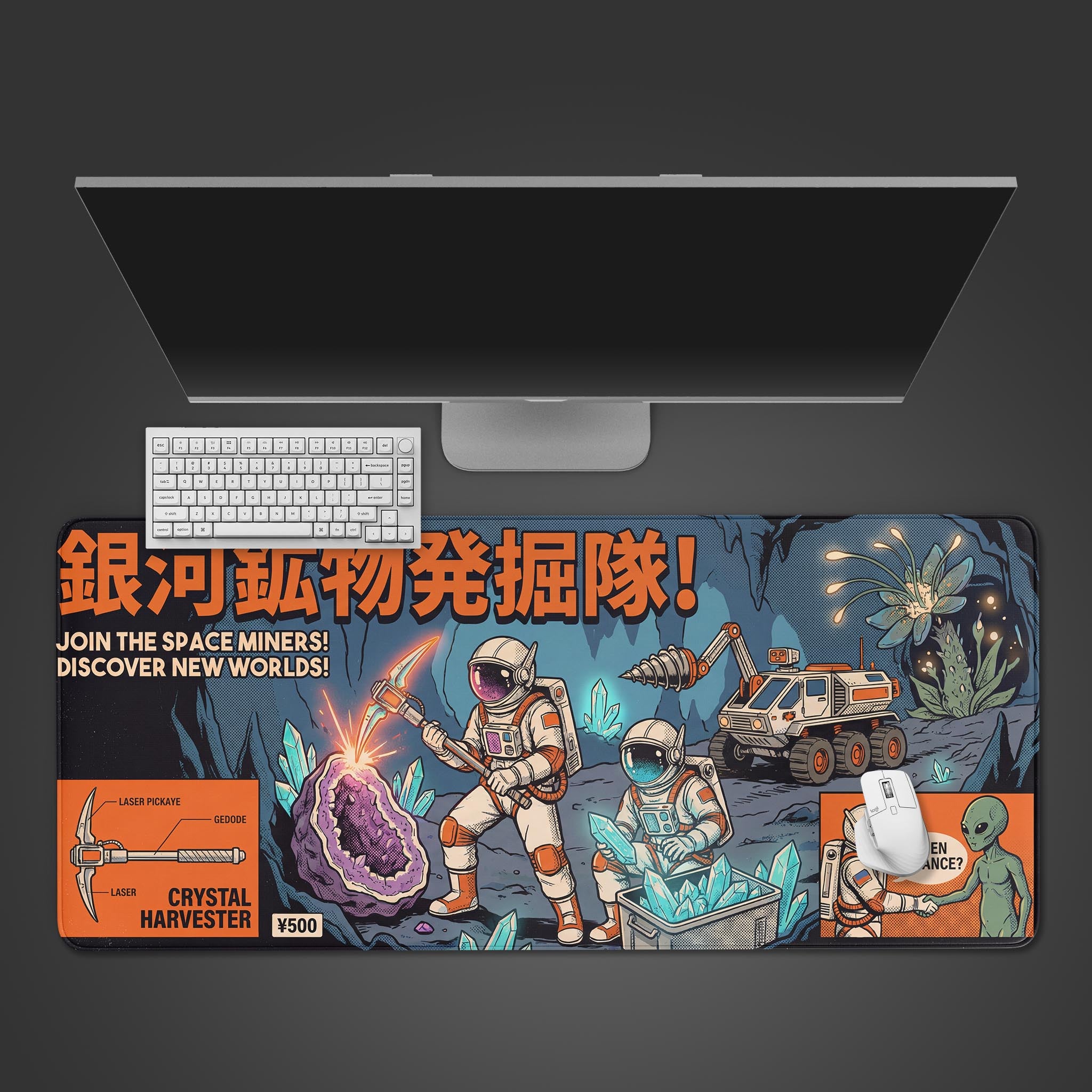 Retro Frontier desk mat with vintage sci-fi space miner art. Top-down view on a desk with a keyboard and mouse, showcasing the Japanese typography. - Epic Design Pads & Mousepads