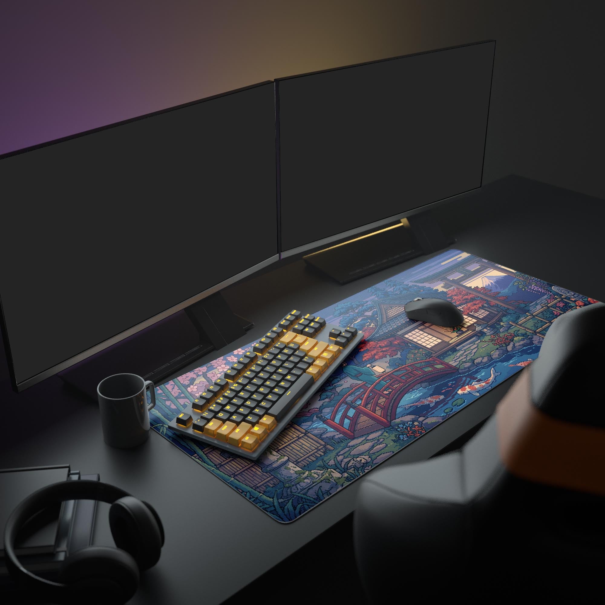 A complete PC setup featuring the Retro Garden XL Mouse Pad, showcasing the 16-bit Japanese landscape with glowing monitors, a keyboard, and a mouse for a full aesthetic view. - Epic Design Pads & Mousepads