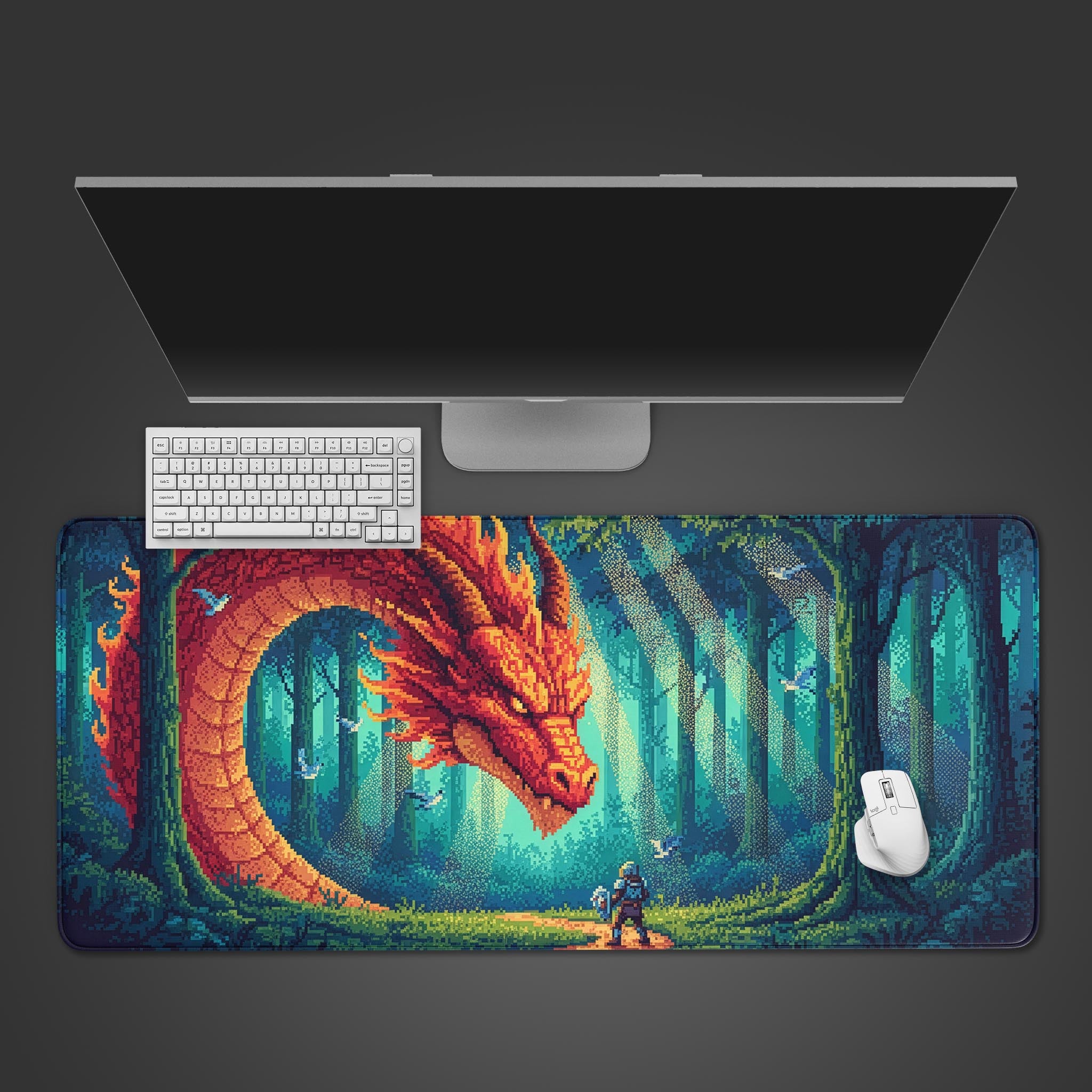 Pixel art desk mat with a 16-bit knight and dragon scene. Top-down desktop view of the large gaming mouse pad with a keyboard and mouse. - Epic Design Pads & Mousepads