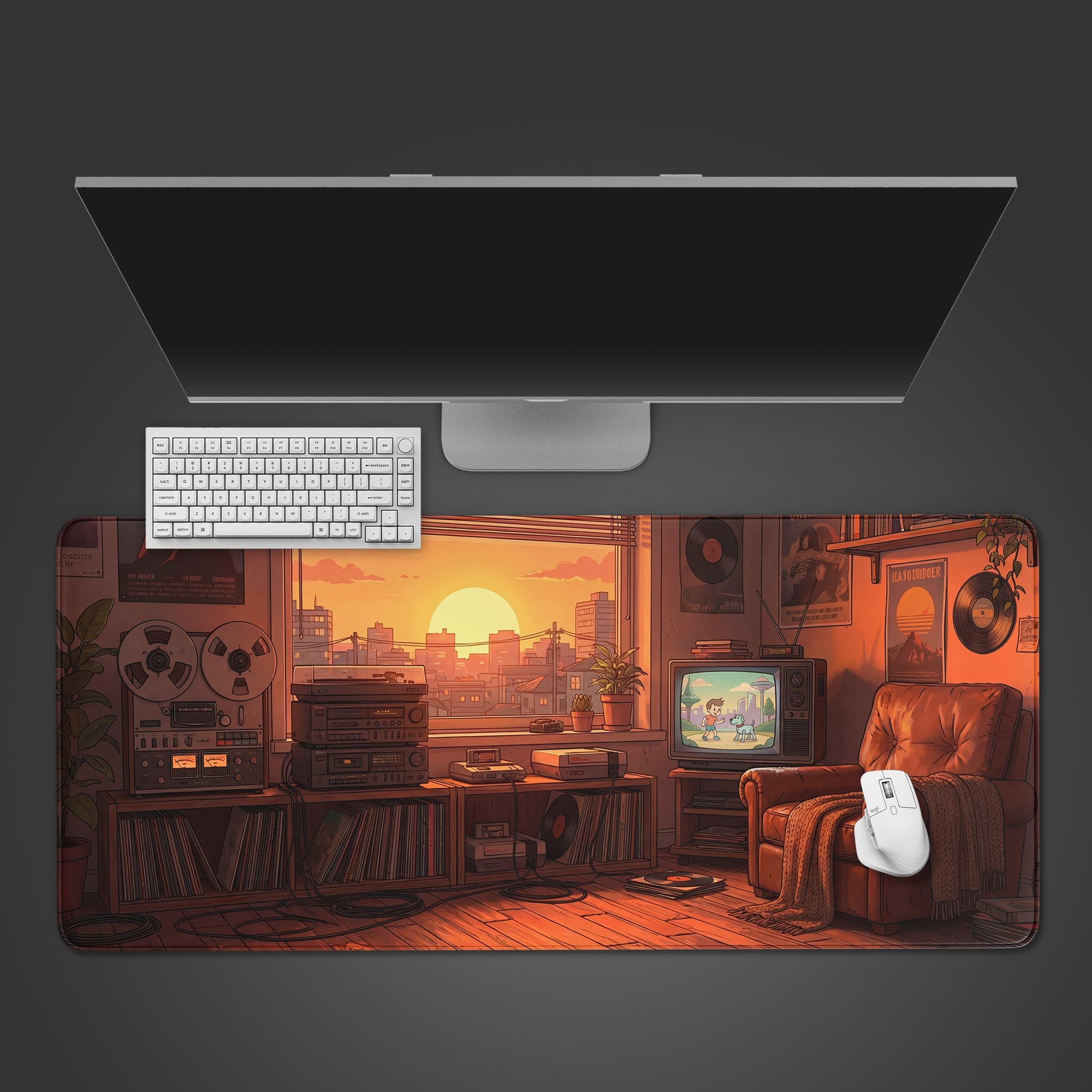 Retro Sunset desk mat with a cozy room design, shown from a top-down desktop view with a keyboard and mouse. - Epic Design Pads & Mousepads