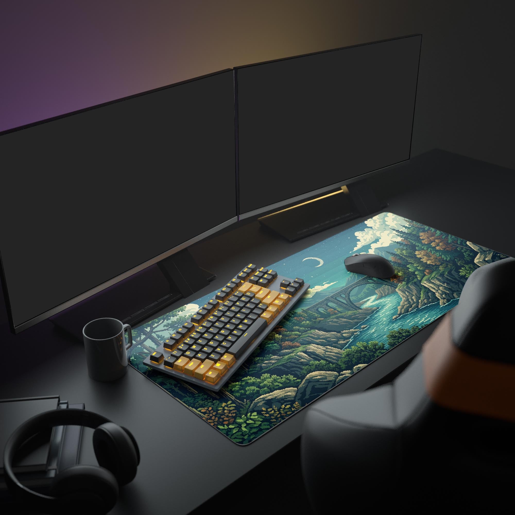 A full PC gaming setup featuring the Retro Voyage XL mouse pad, which displays a pixel art bridge scene under a monitor, keyboard, and mouse. - Epic Design Pads & Mousepads