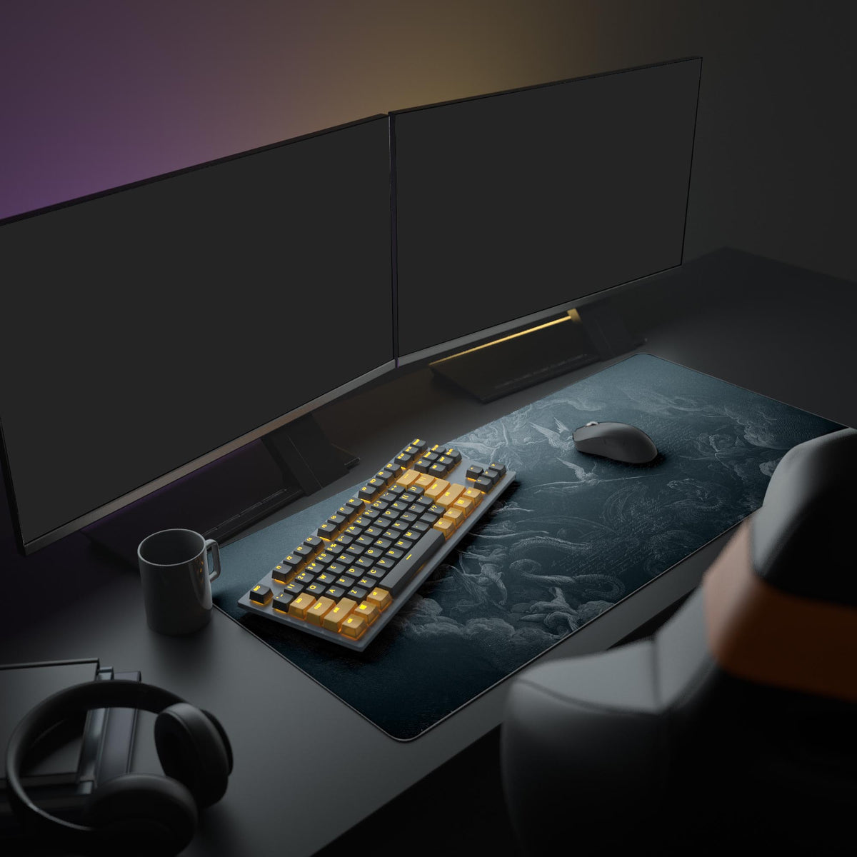 A full gaming setup featuring the Revelation War XL mouse pad. The dark fantasy design complements a gaming keyboard, mouse, and large monitor, creating a gothic aesthetic. - Epic Design Pads & Mousepads