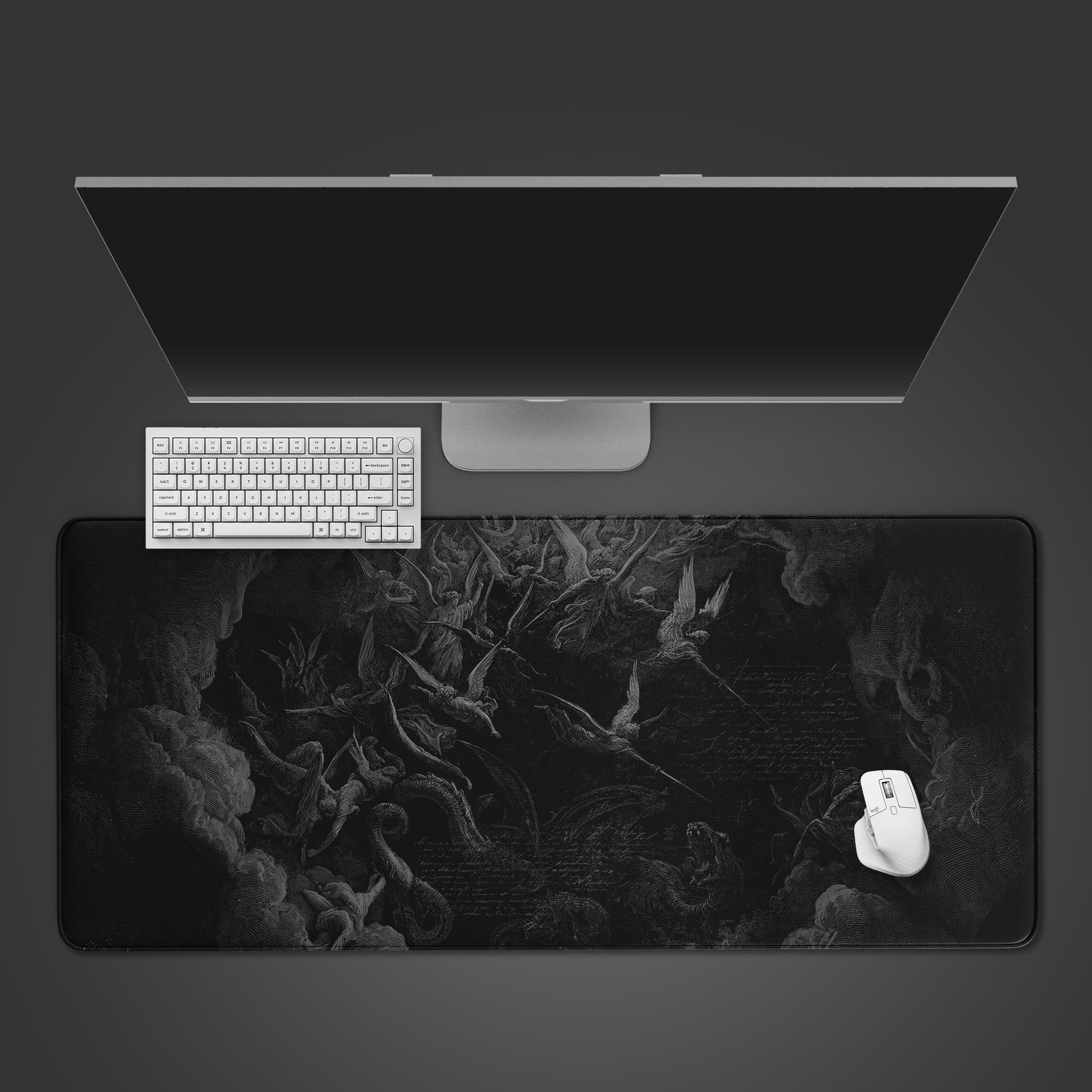 Top-down view of the Revelation War gaming desk mat, featuring its monochrome angelic battle design, with a white keyboard and mouse on a dark gray surface. - Epic Design Pads & Mousepads