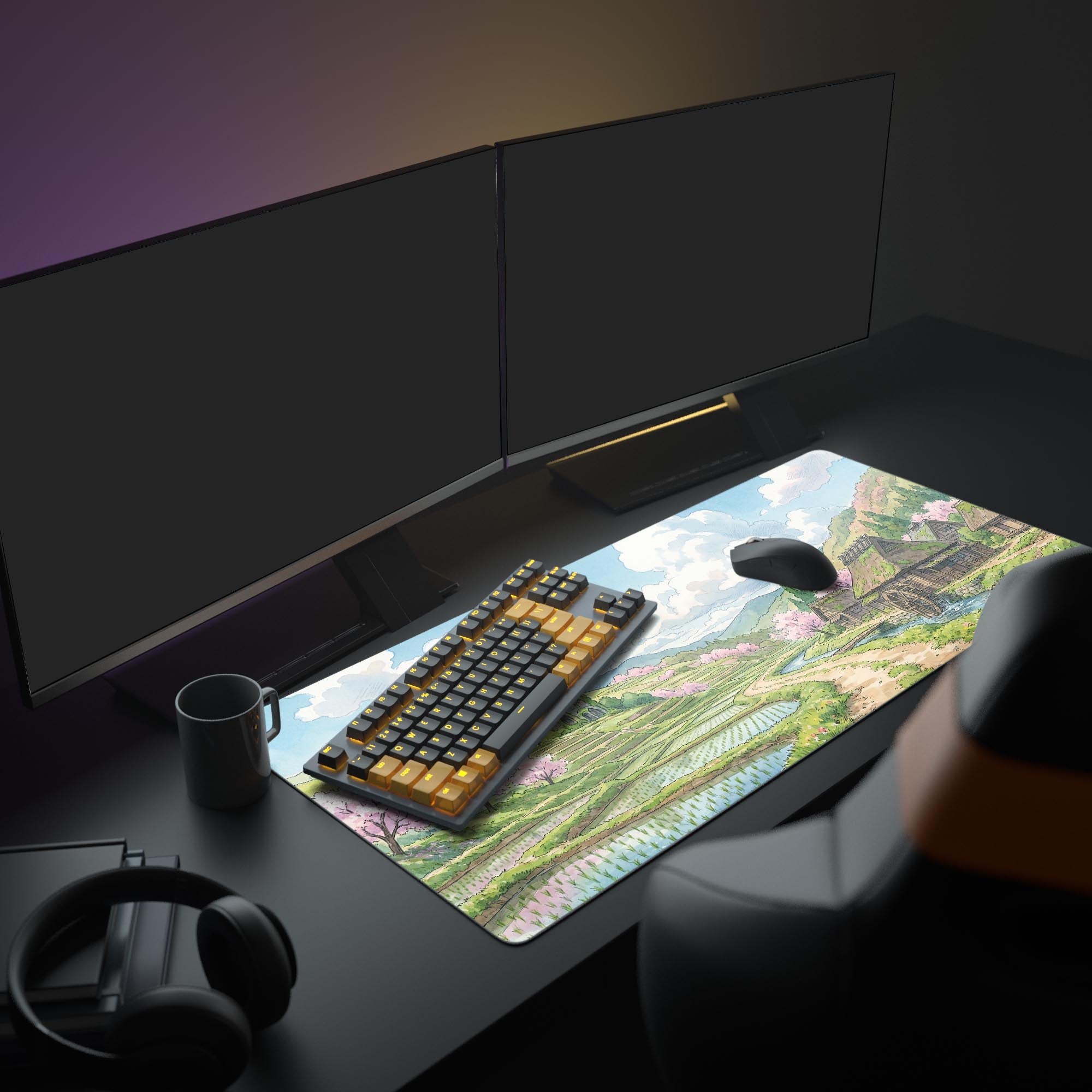 Close-up of the anime-inspired fantasy village mouse pad showcasing vibrant green hills and blooming sakura trees.