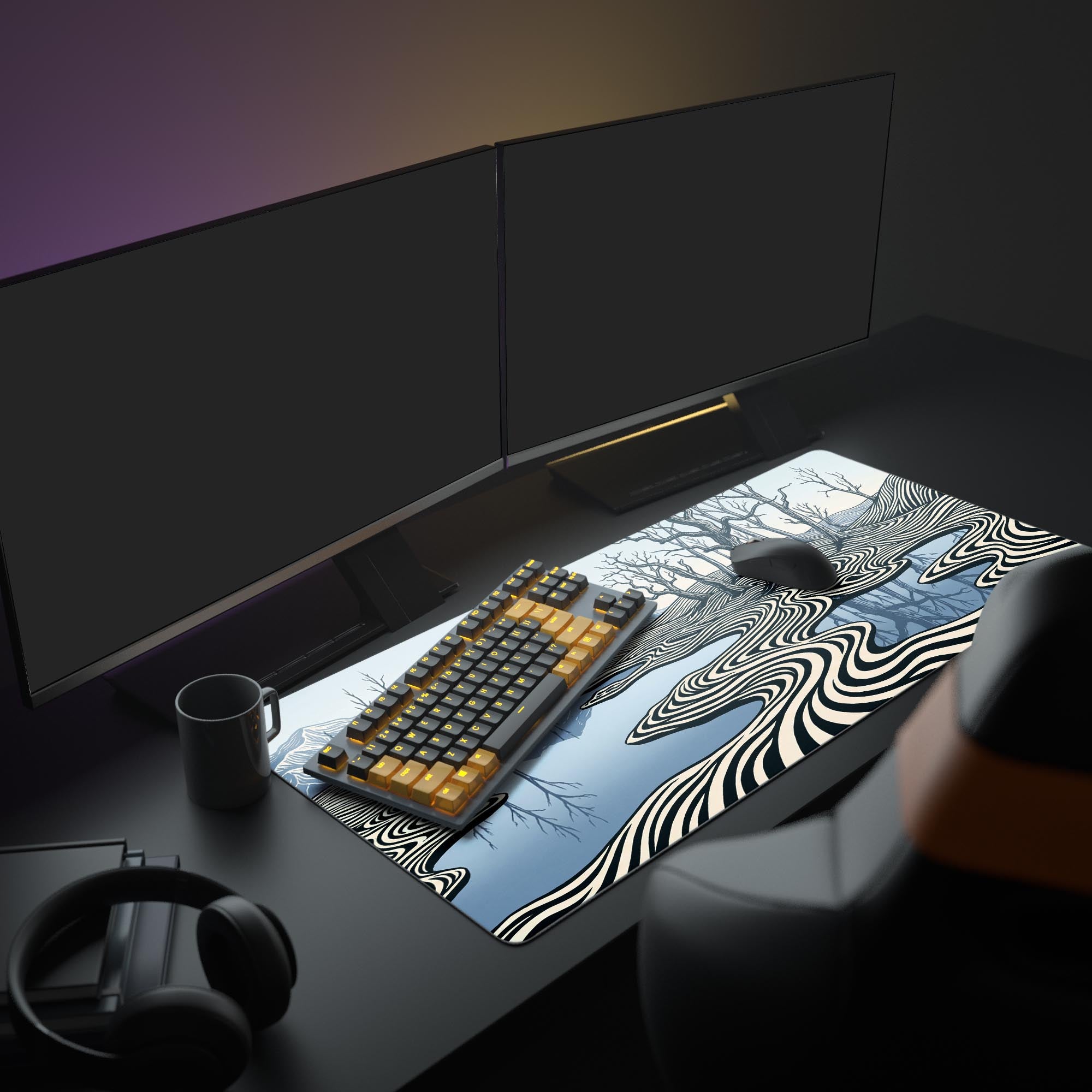 A minimalist desk setup with the Ripple Effect mouse pad, showing its Japanese-inspired art style under a monitor and alongside a modern keyboard. - Epic Design Pads & Mousepads