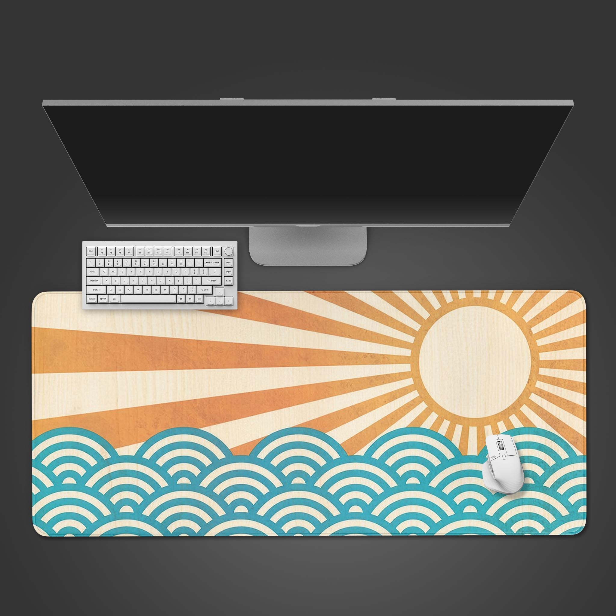 Japanese desk mat with Ukiyo-e Rising Sun and Seigaiha wave design. Top-down view on a desk with a keyboard and mouse. - Epic Design Pads & Mousepads