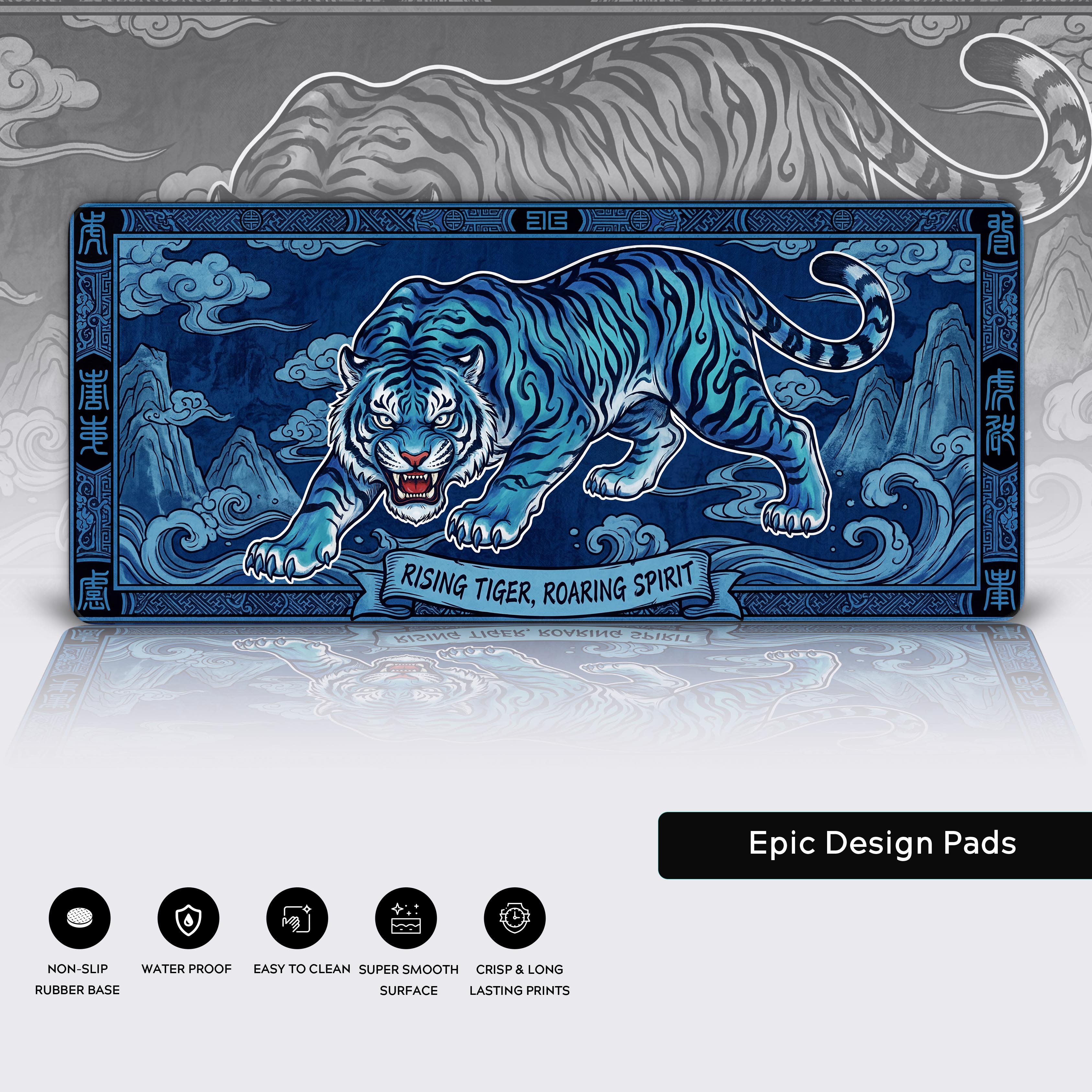 Feature breakdown of the blue tiger desk mat highlighting the non-slip rubber base, waterproof surface, and crisp prints.