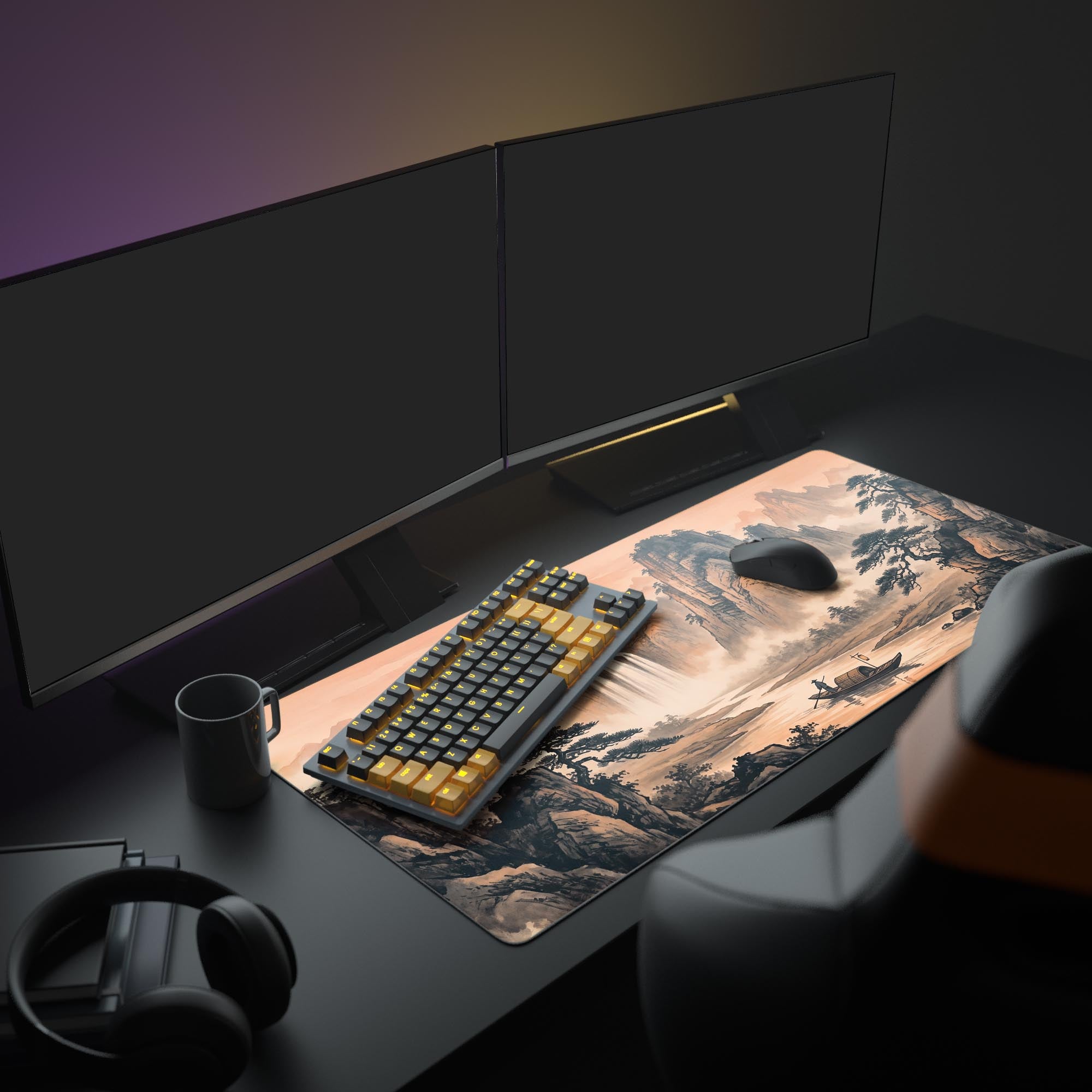 Close-up of solitary boatman on a misty river with towering karst mountains desk pad design