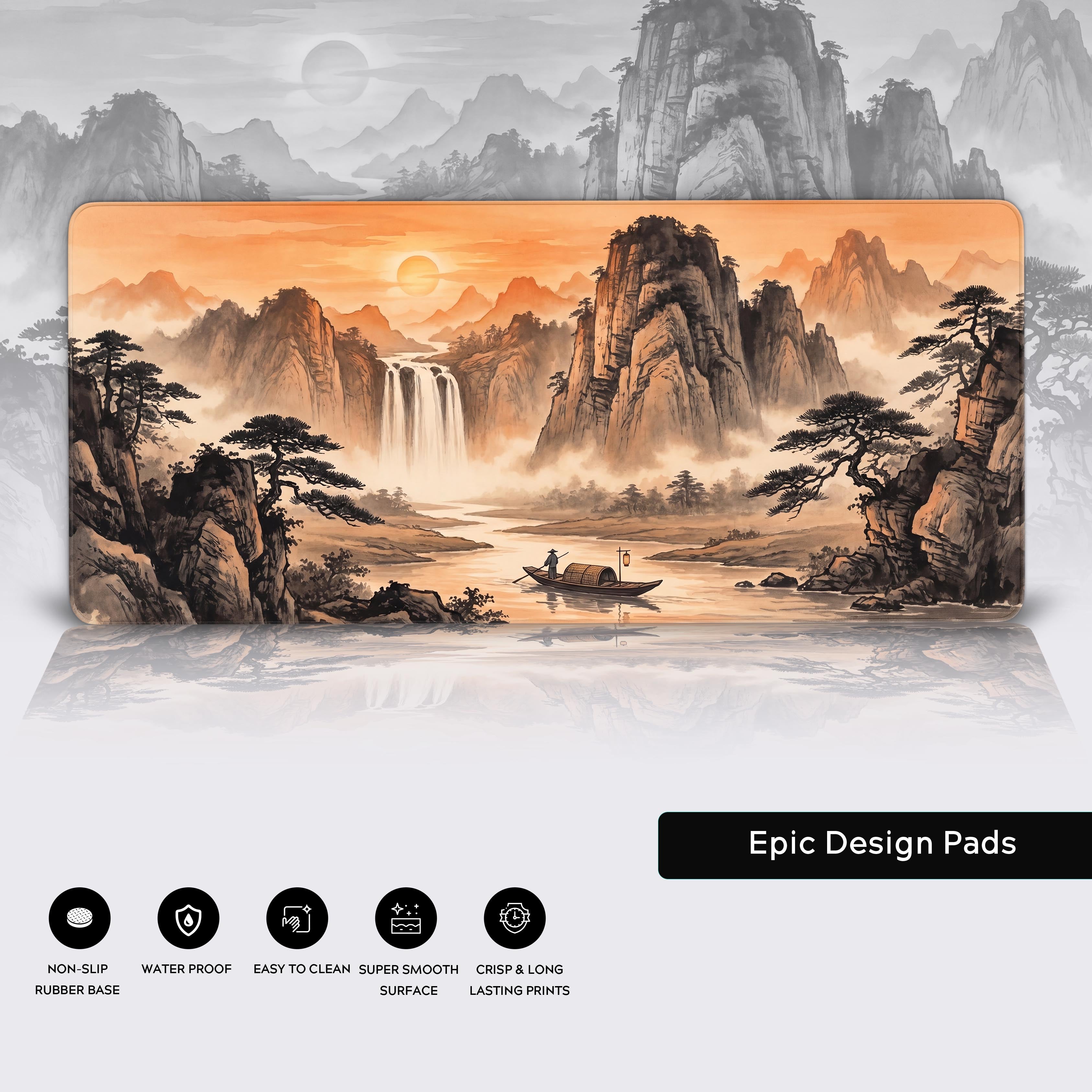 Epic Design Pads logo next to a beautiful orange and black shanshui art desk mat