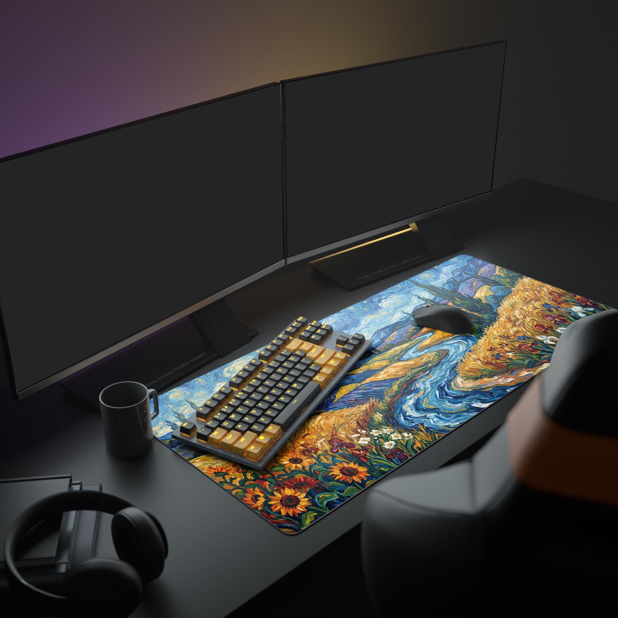 Close-up of the vibrant painted sunflowers and irises on the edge of the landscape gaming mouse pad.