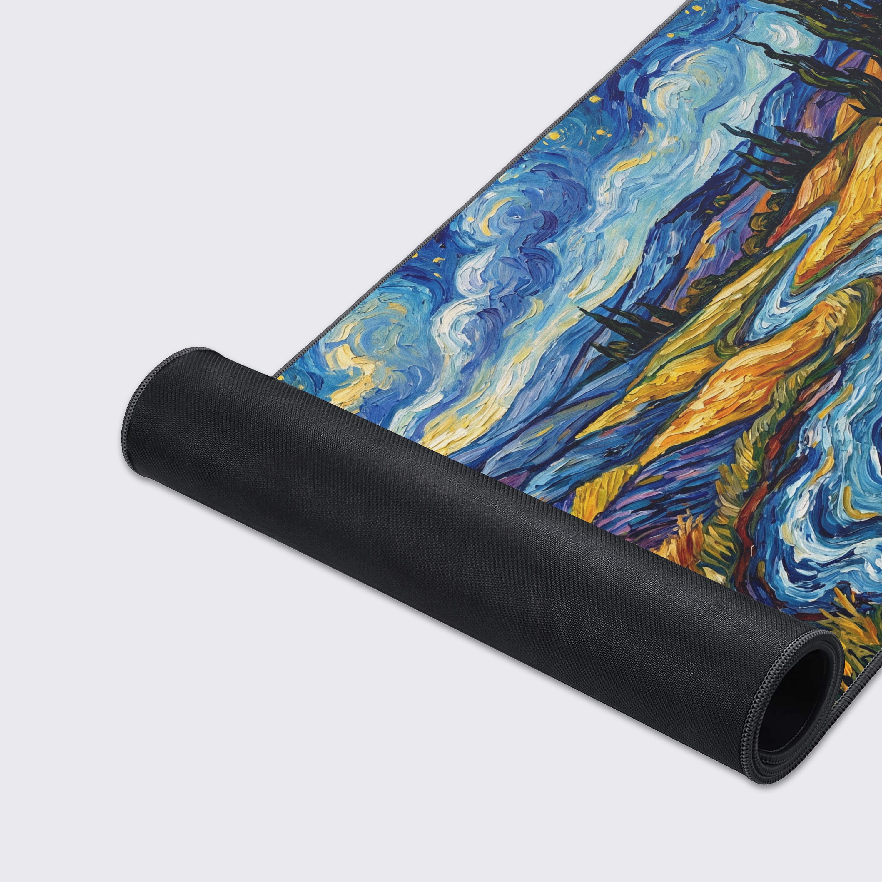 Product feature icons for the desk mat highlighting non-slip base, waterproof surface, and crisp lasting prints.