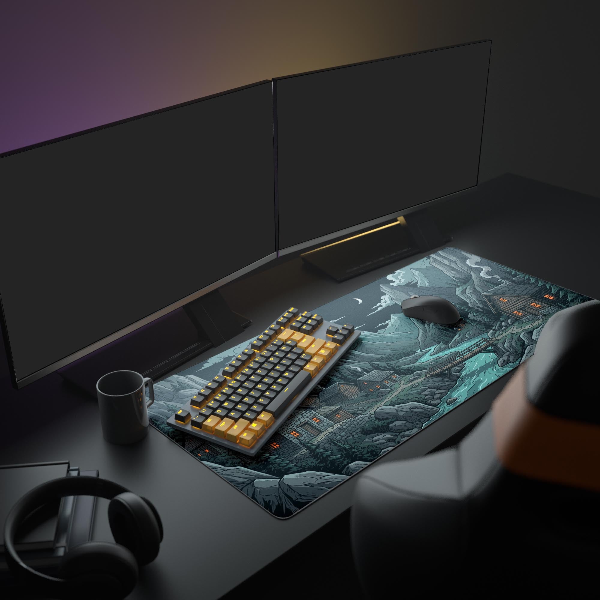The River Night gaming desk mat displayed in a cozy PC setup, with the serene mountain landscape design complementing a glowing monitor and keyboard. - Epic Design Pads & Mousepads
