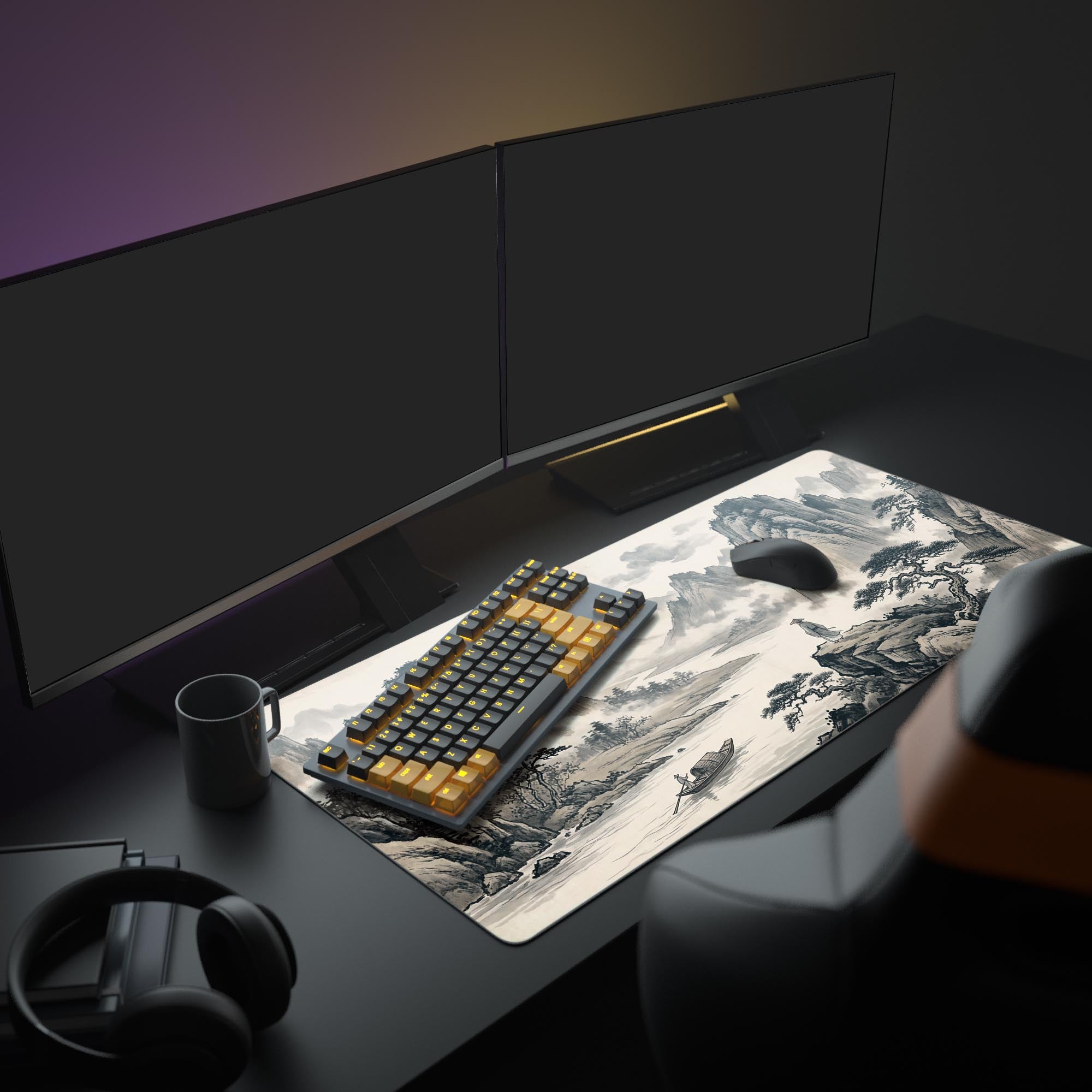 A modern PC setup featuring the River Solitude mouse pad. The monochrome landscape design complements the clean aesthetic of the monitors and white peripherals on the desk. - Epic Design Pads & Mousepads