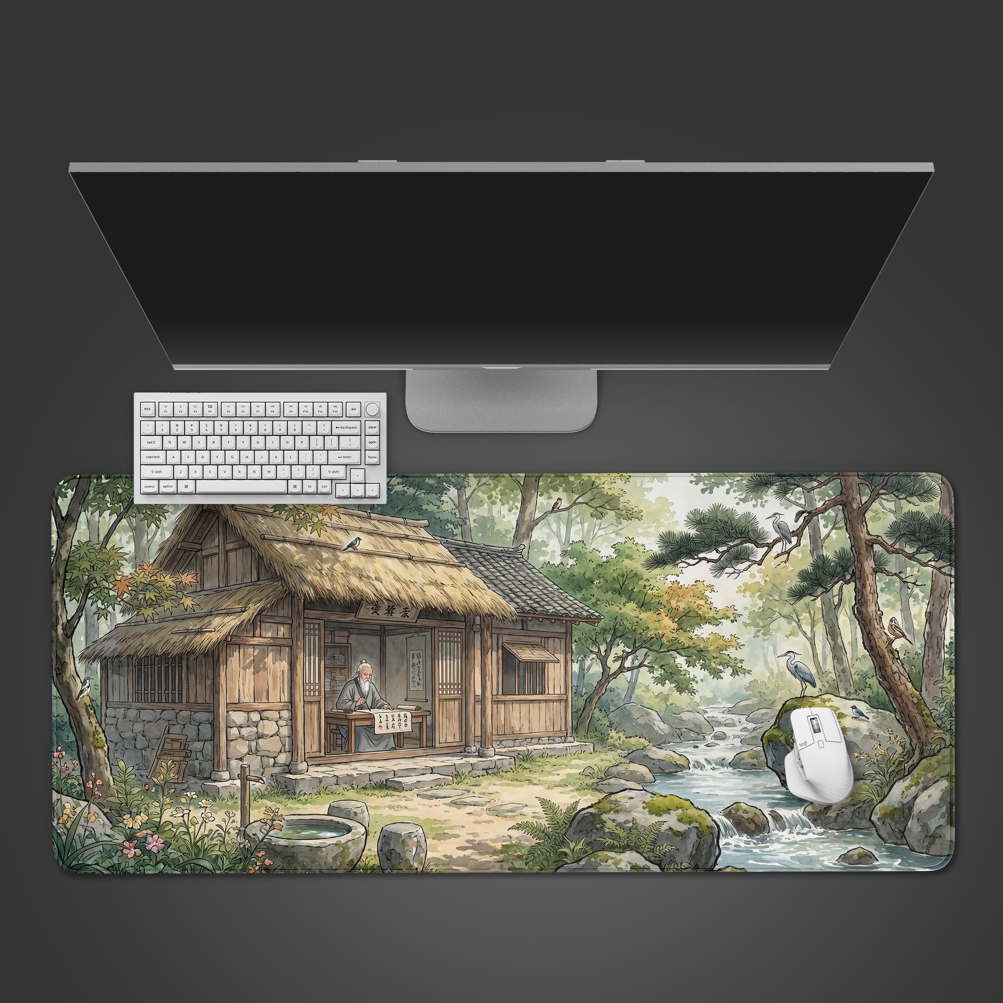 Riverside Retreat traditional Asian landscape desk mat featuring a scholar in a thatched cabin by a stream