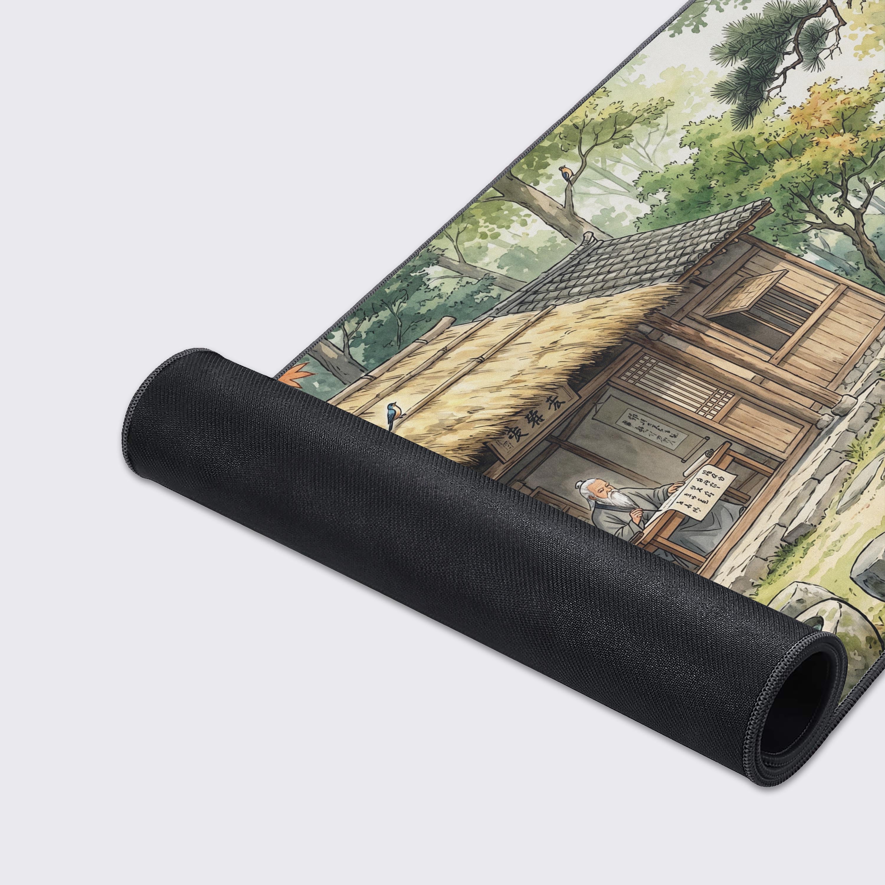 Detailed view of the ancient trees and detailed brushwork on the ultra-smooth gaming mat surface
