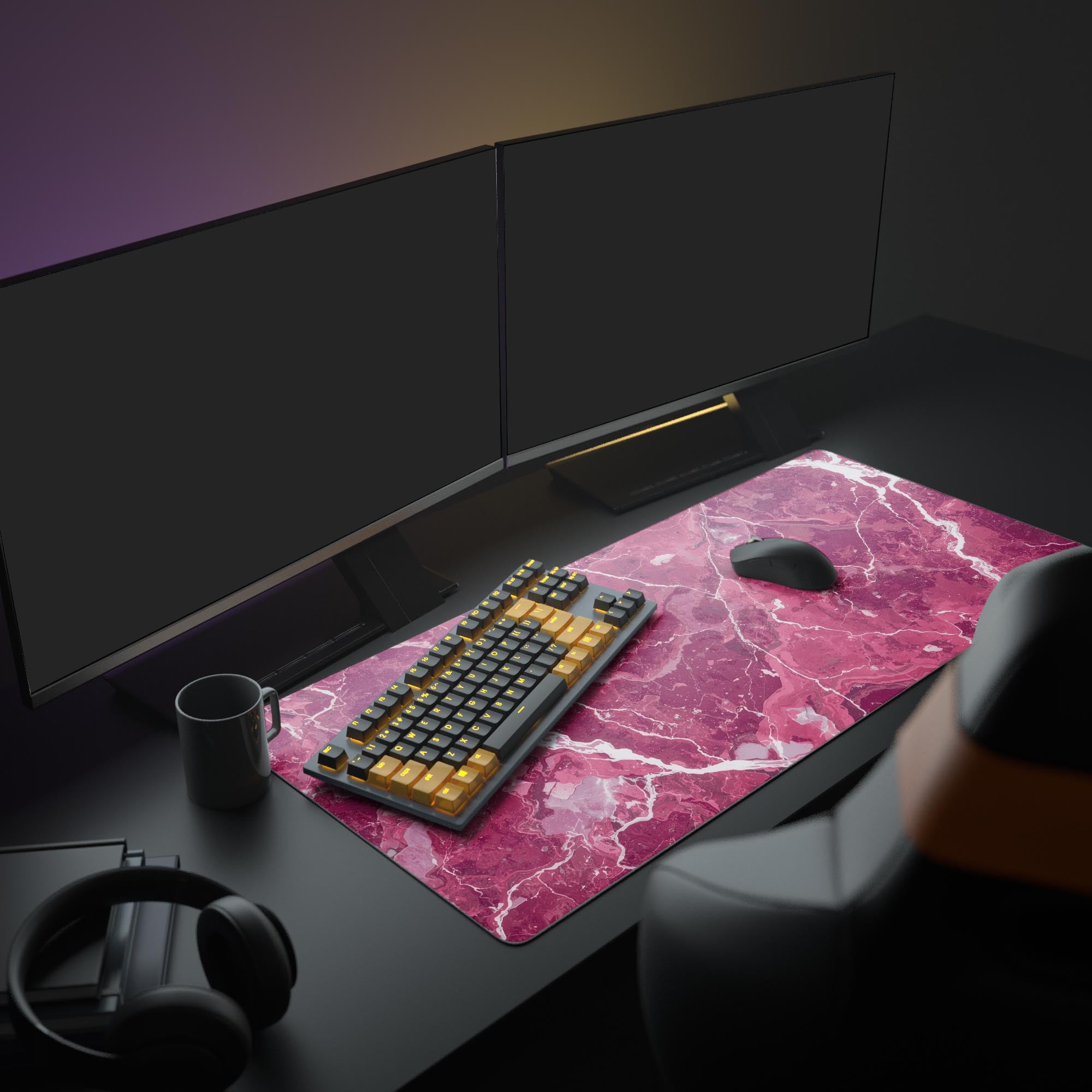 Large rose quartz pink desk mat featured in an aesthetic office setup with dual monitors and a mechanical keyboard. - Epic Design Pads & Mousepads