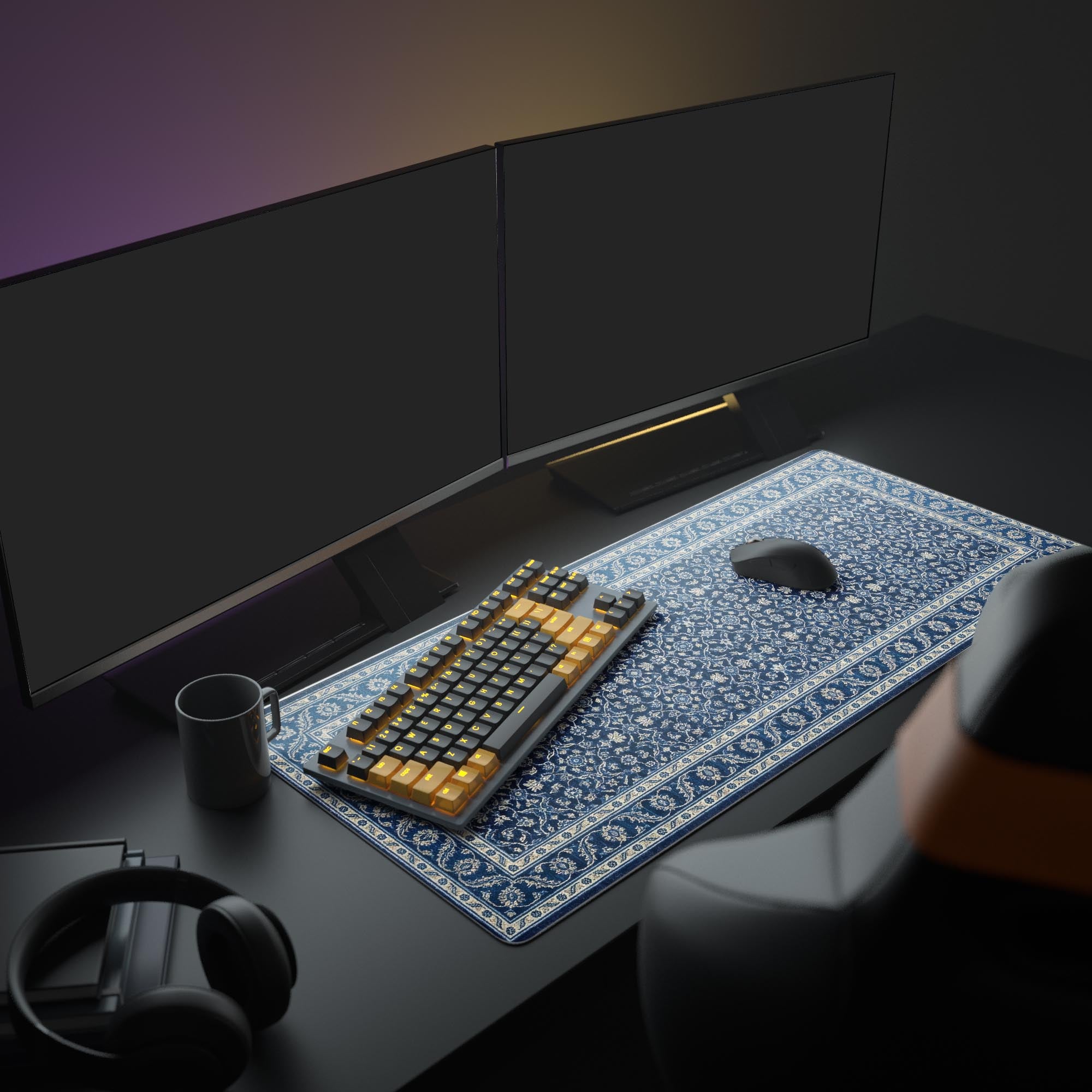 Large Royal Persian desk mat shown in an elegant office setup with a monitor, lamp, and decorative plant, enhancing the workspace aesthetic. - Epic Design Pads & Mousepads