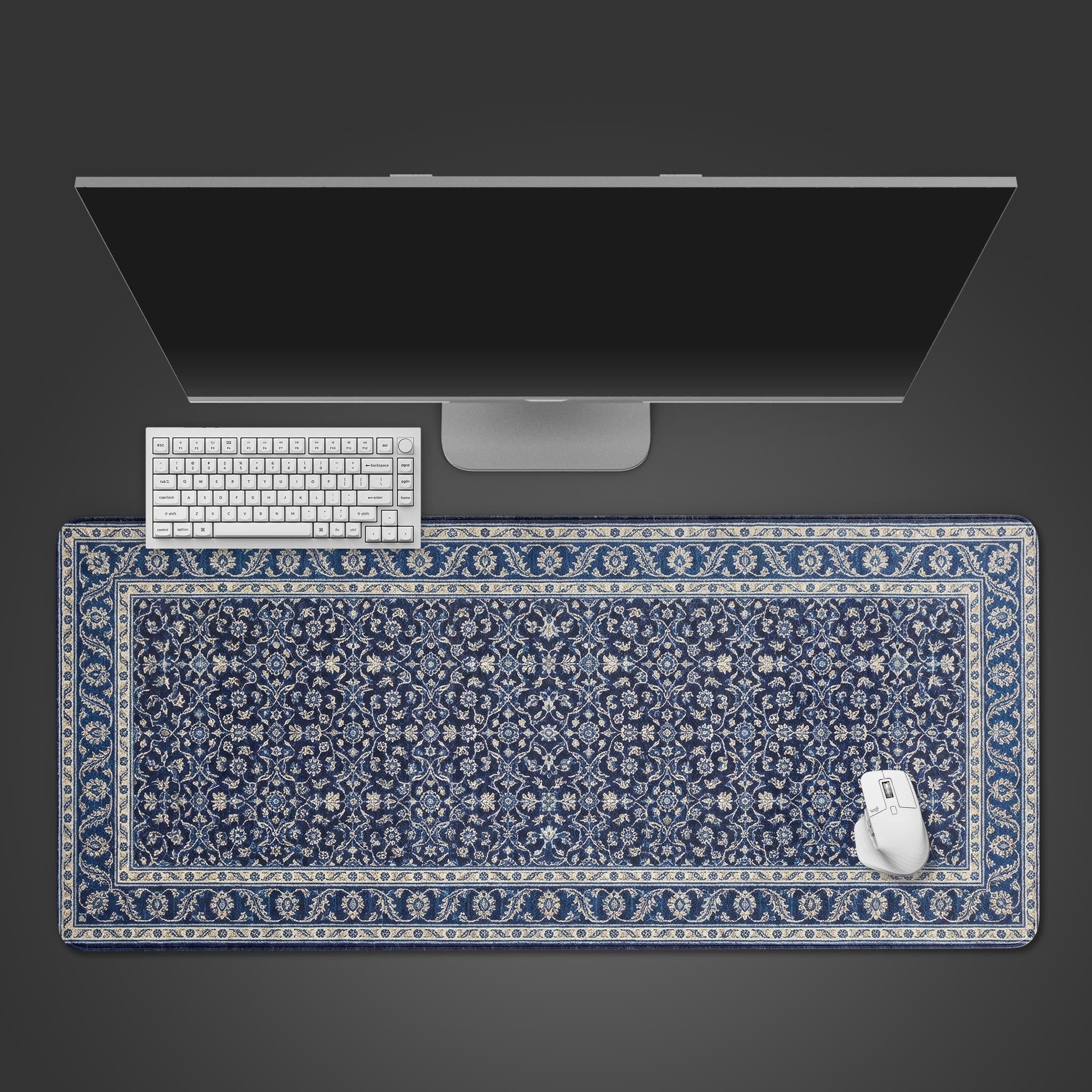 Royal Persian desk mat with intricate indigo and cream rug design. Top-down view on a wooden desk with a black keyboard and mouse. - Epic Design Pads & Mousepads