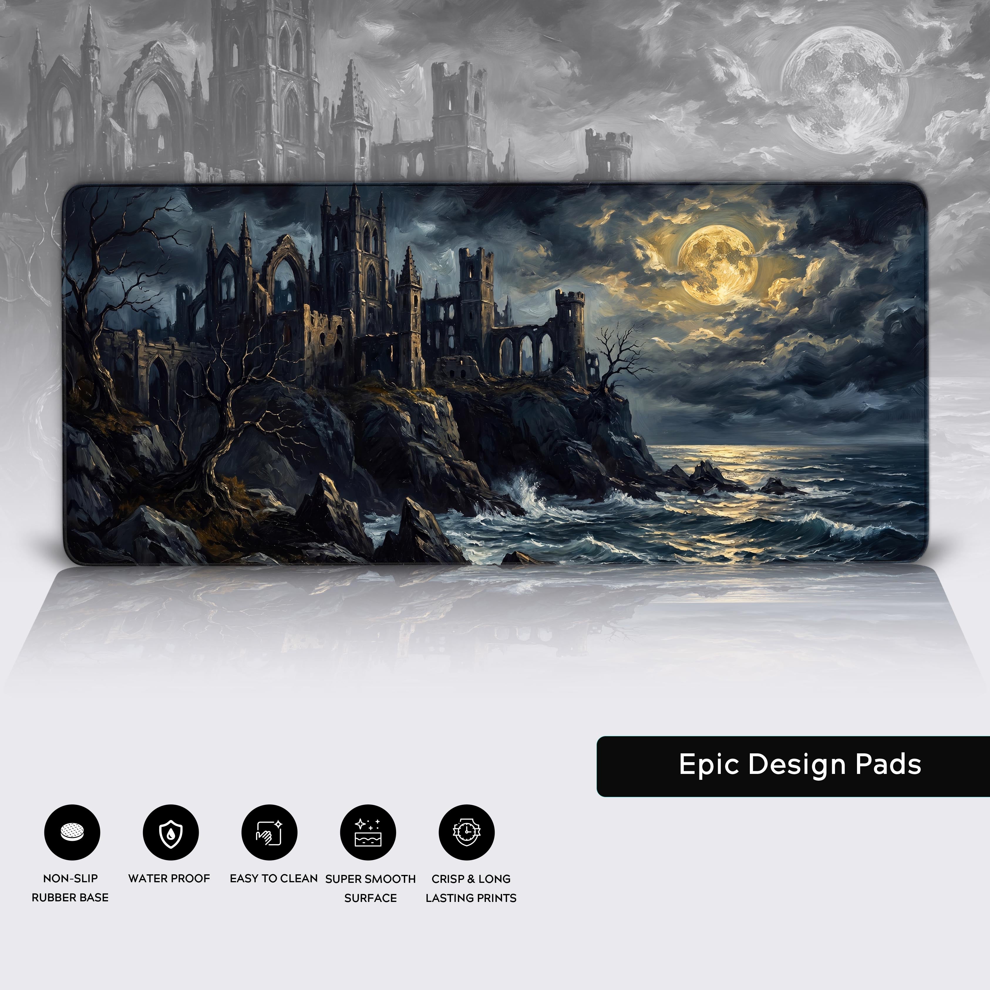 Product features of the gothic castle desk mat including waterproof, non-slip, and easy to clean icons.
