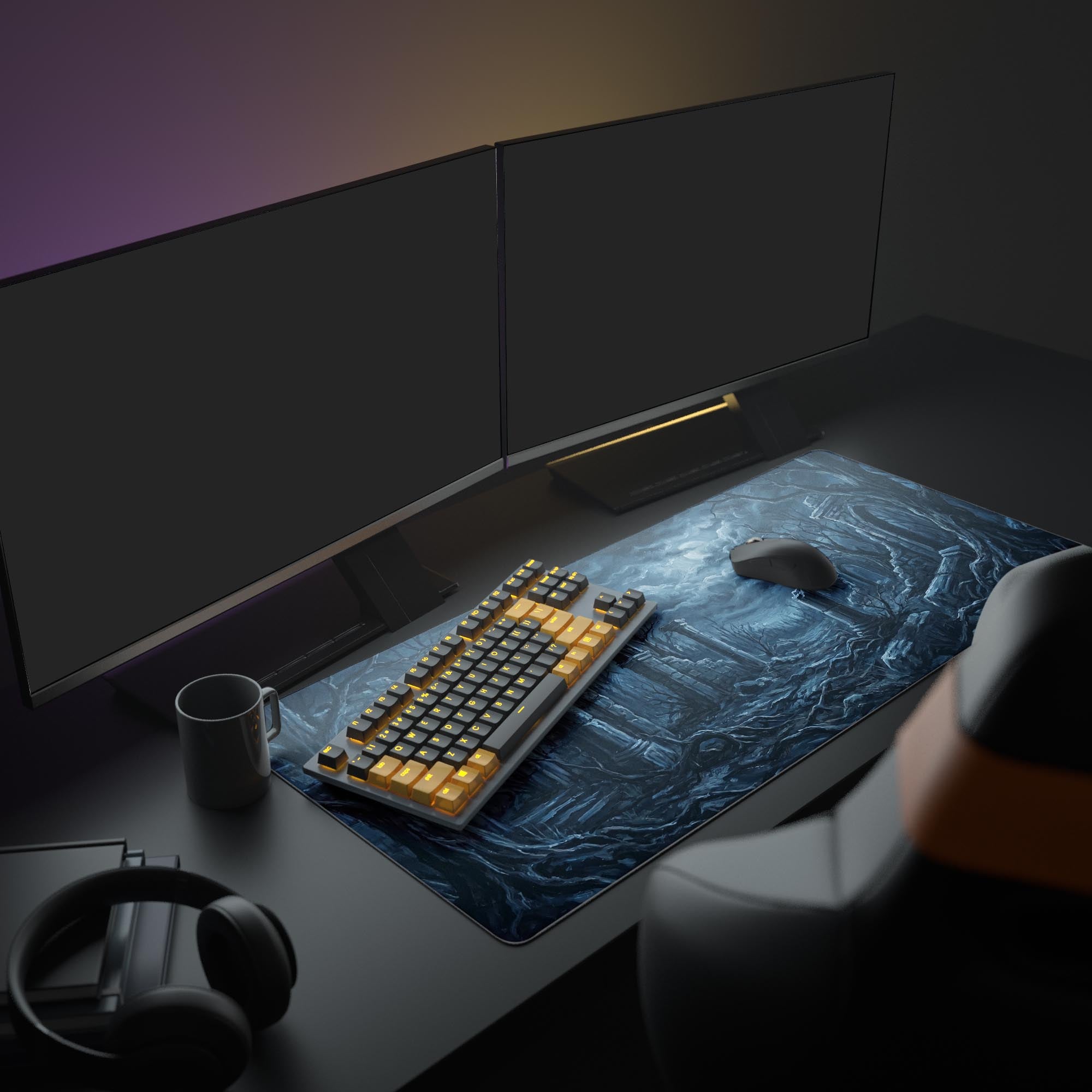 Close-up of gothic stone arches and dead trees on a gaming mouse pad