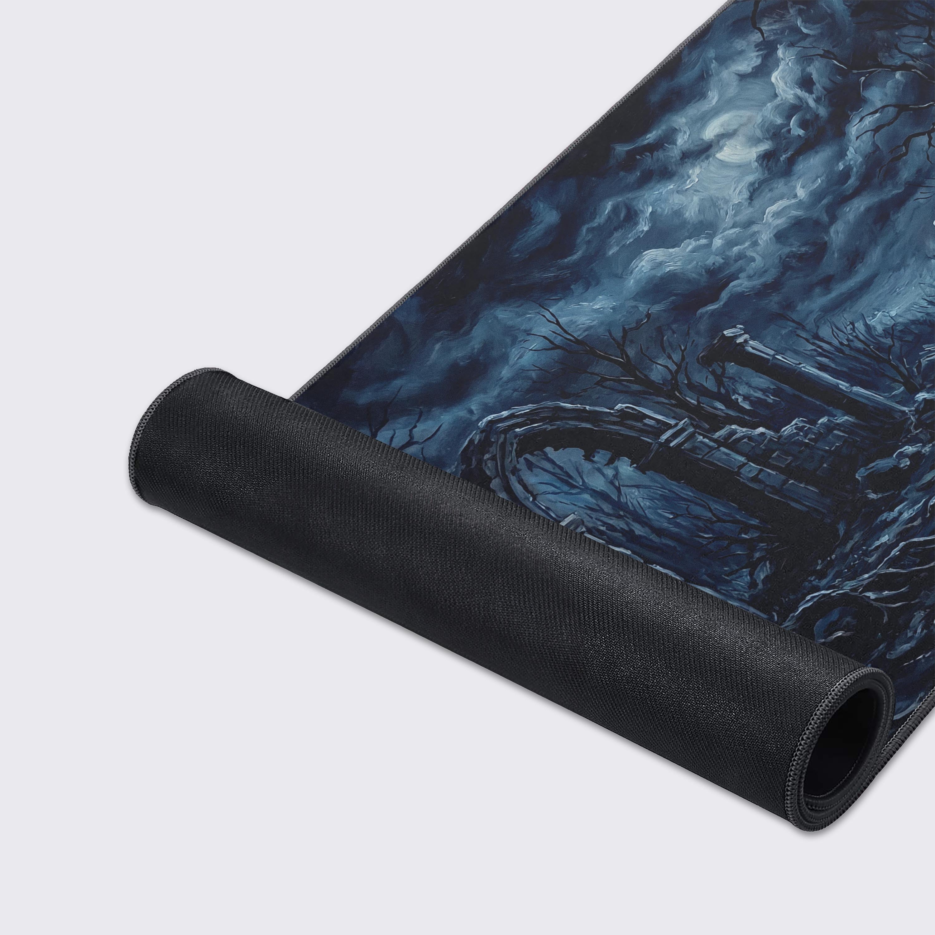 Waterproof and non-slip features graphic for the dark ruins desk mat
