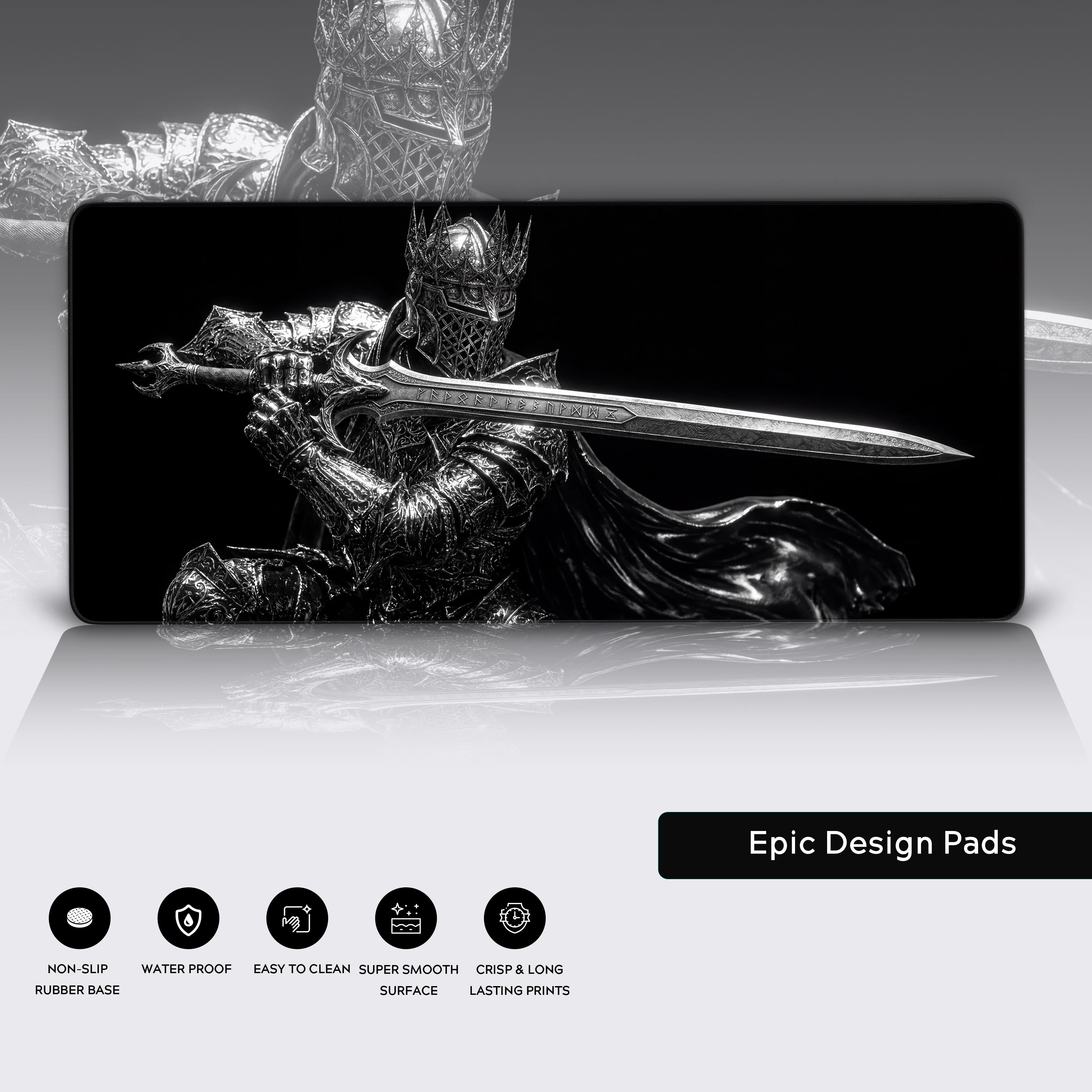 Epic dark fantasy knight desk mat displayed in a modern gaming setup environment.
