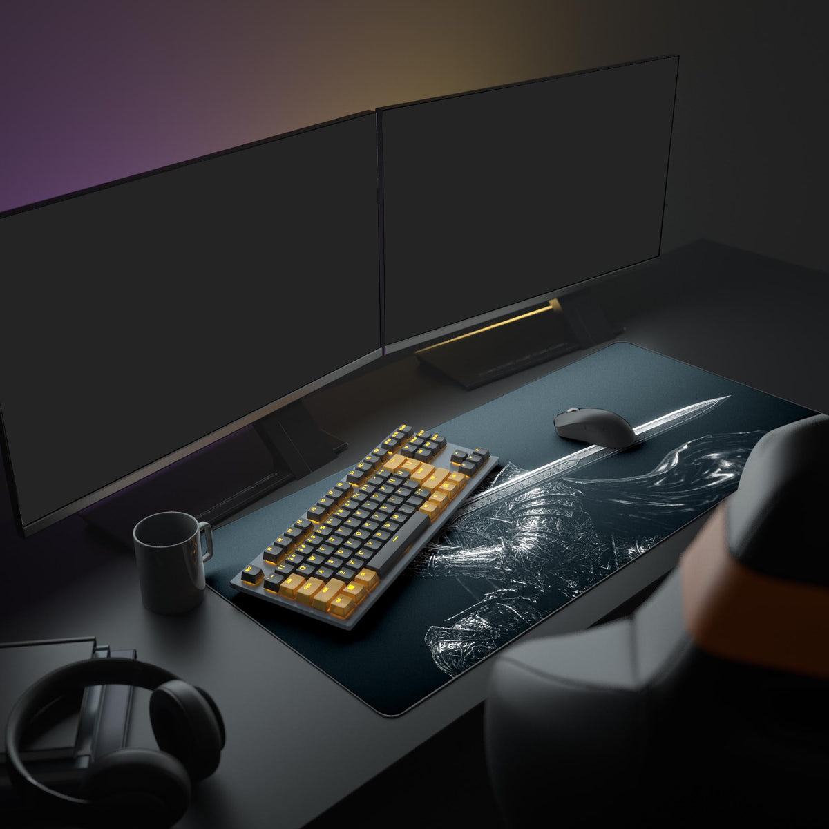 Rune Knight desk mat in a dark gaming setup with a mechanical keyboard, a mouse and headphones