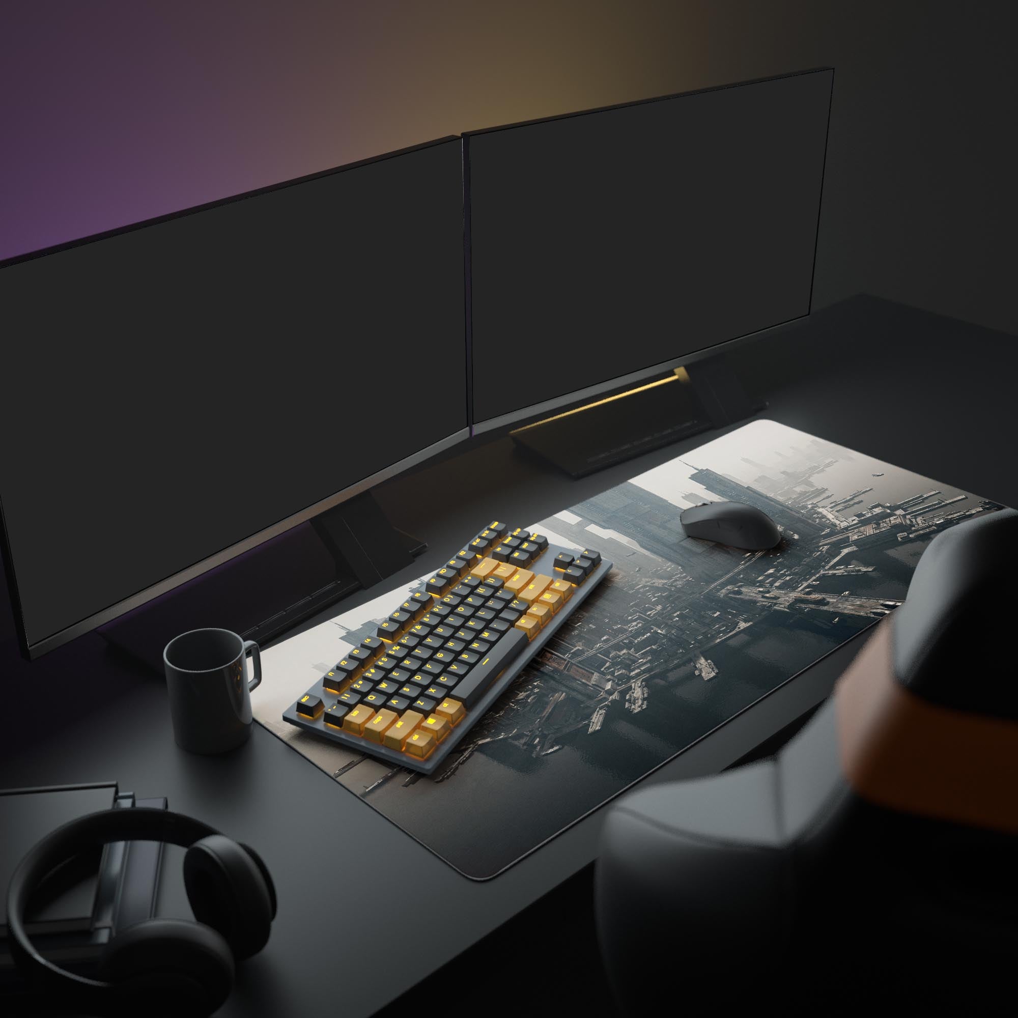 Large Rust Metropolis gaming mouse pad in a full desk setup with dual monitors, a mechanical keyboard, and headphones, creating an industrial aesthetic. - Epic Design Pads & Mousepads