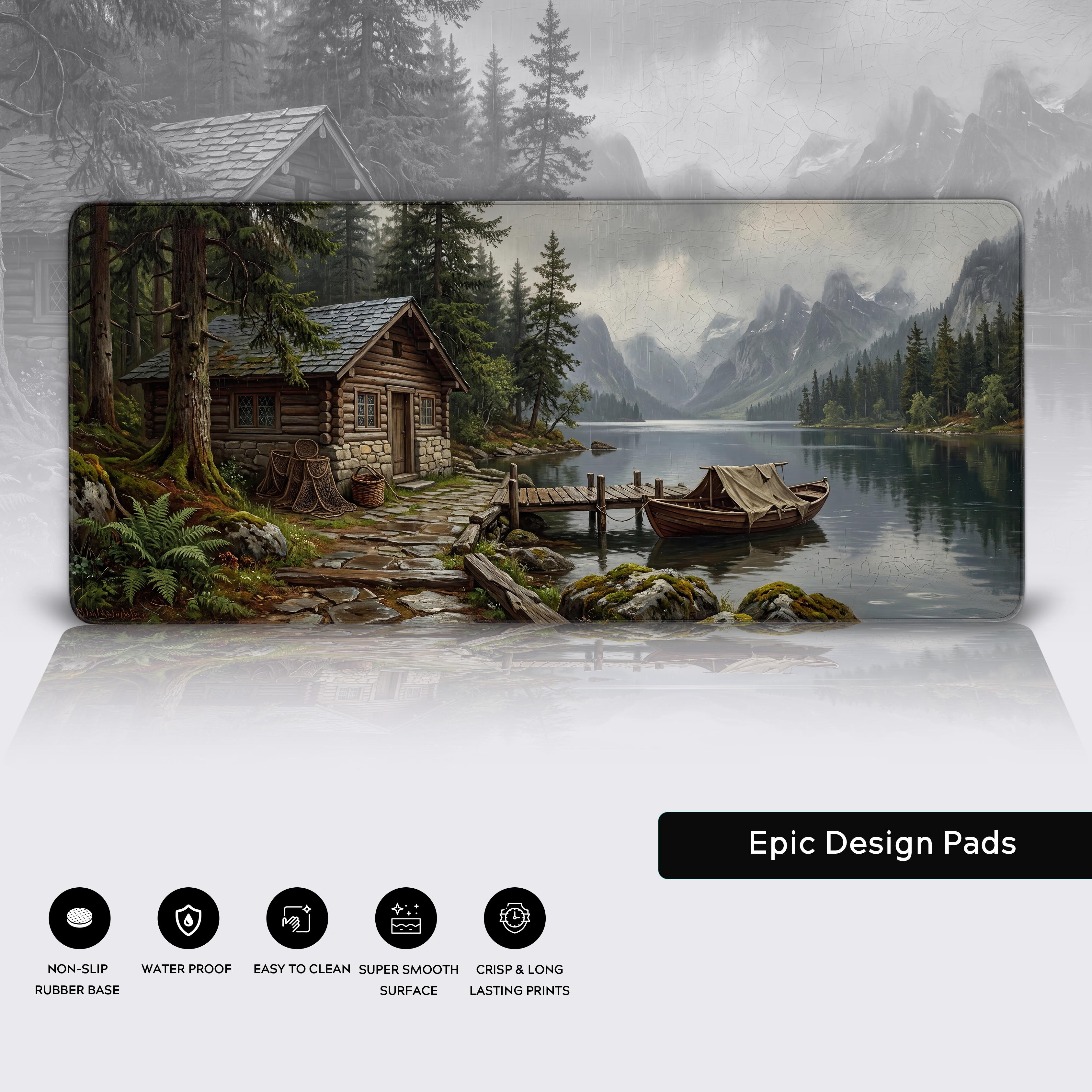 Rustic Lake Cabin desk mat showing waterproof and non-slip rubber base features