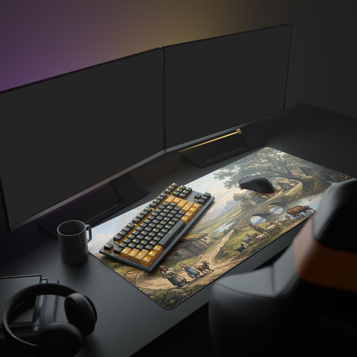 The Rustic Watermill XL mouse pad completes a cozy desk setup, creating a peaceful backdrop for a monitor, keyboard, and mouse. - Epic Design Pads & Mousepads