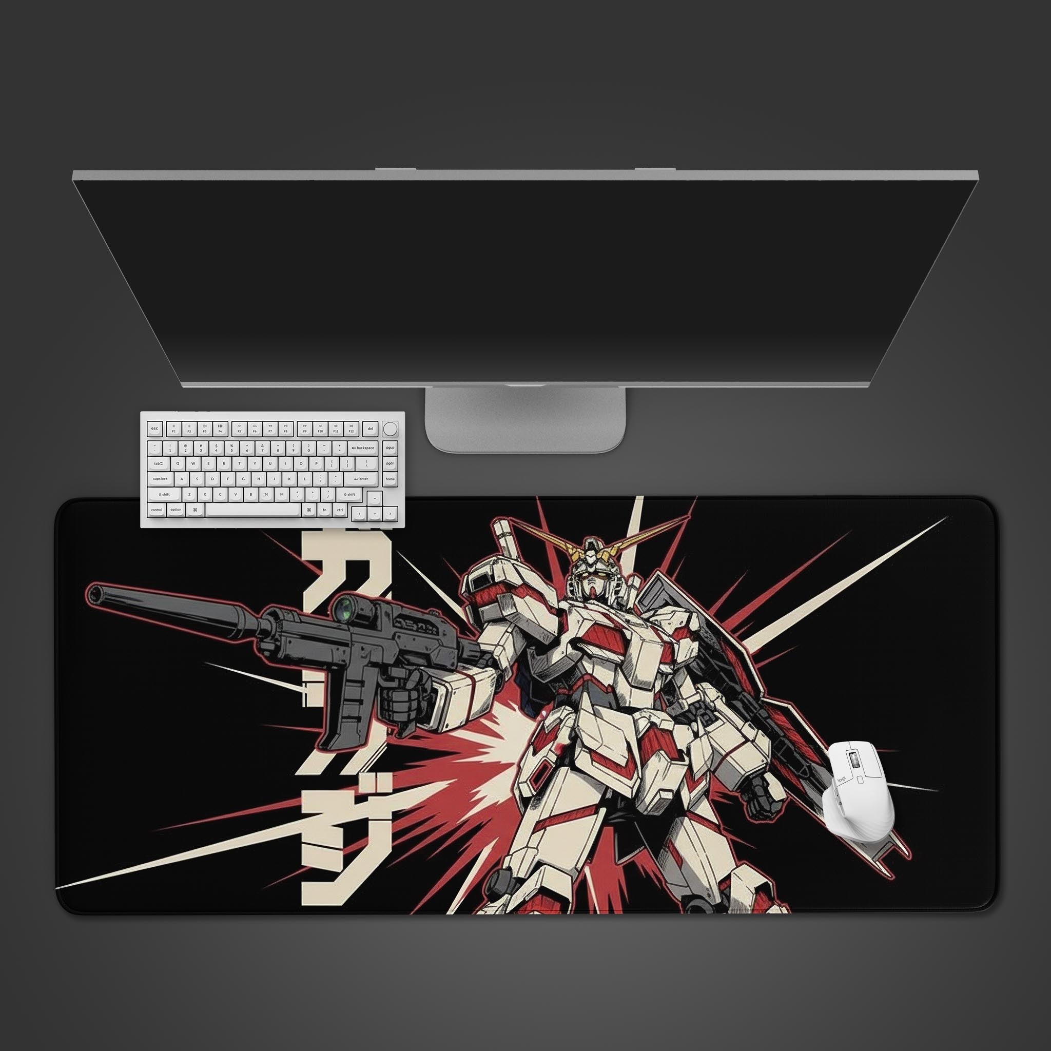 RX-0 Unicorn Gundam desk mat featuring dynamic mecha design in red and white on black background - Epic Design Pads & Mousepads
