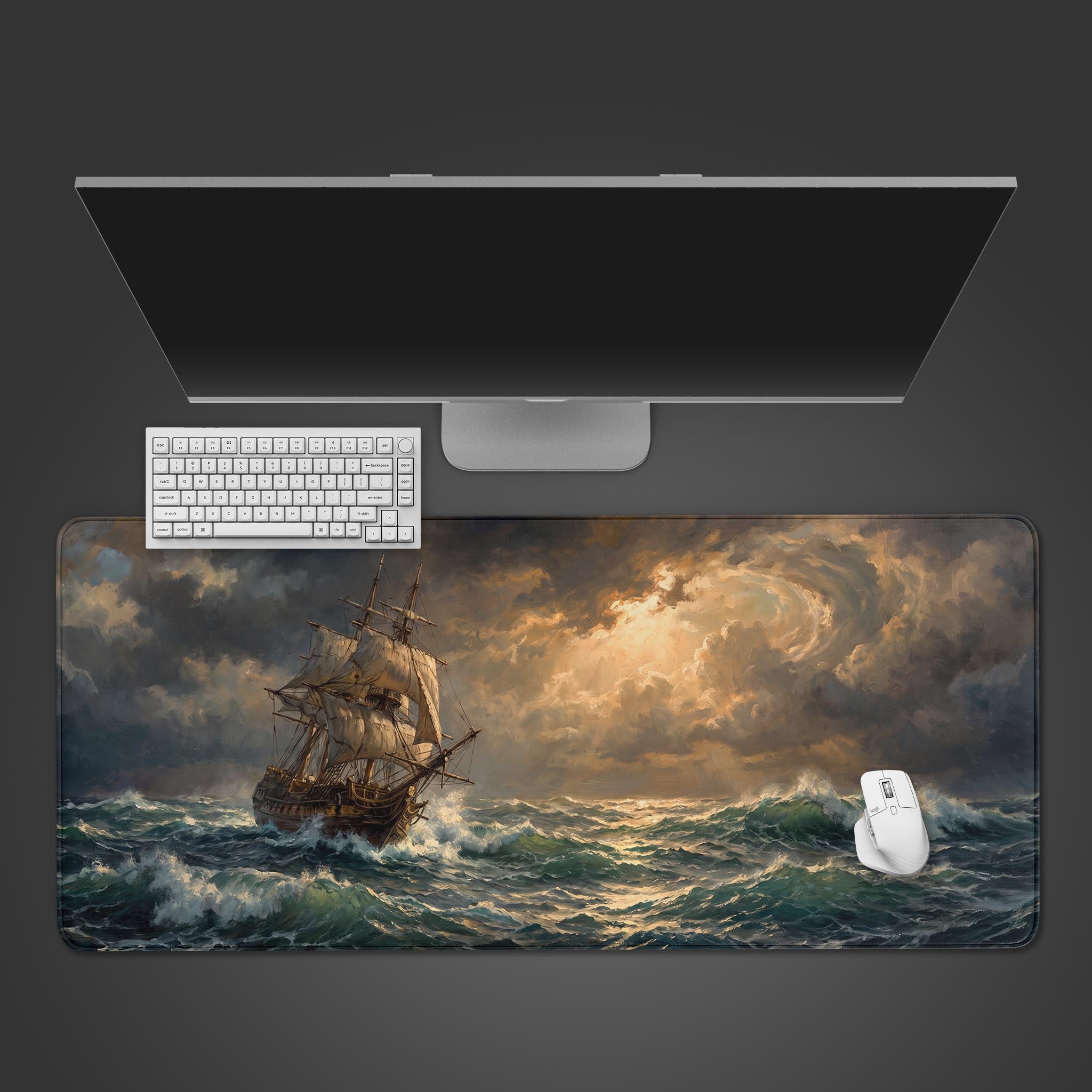 Large desk mat featuring an oil-painting style artwork of a sailing ship on a stormy sea with golden sunlight piercing through dark clouds.