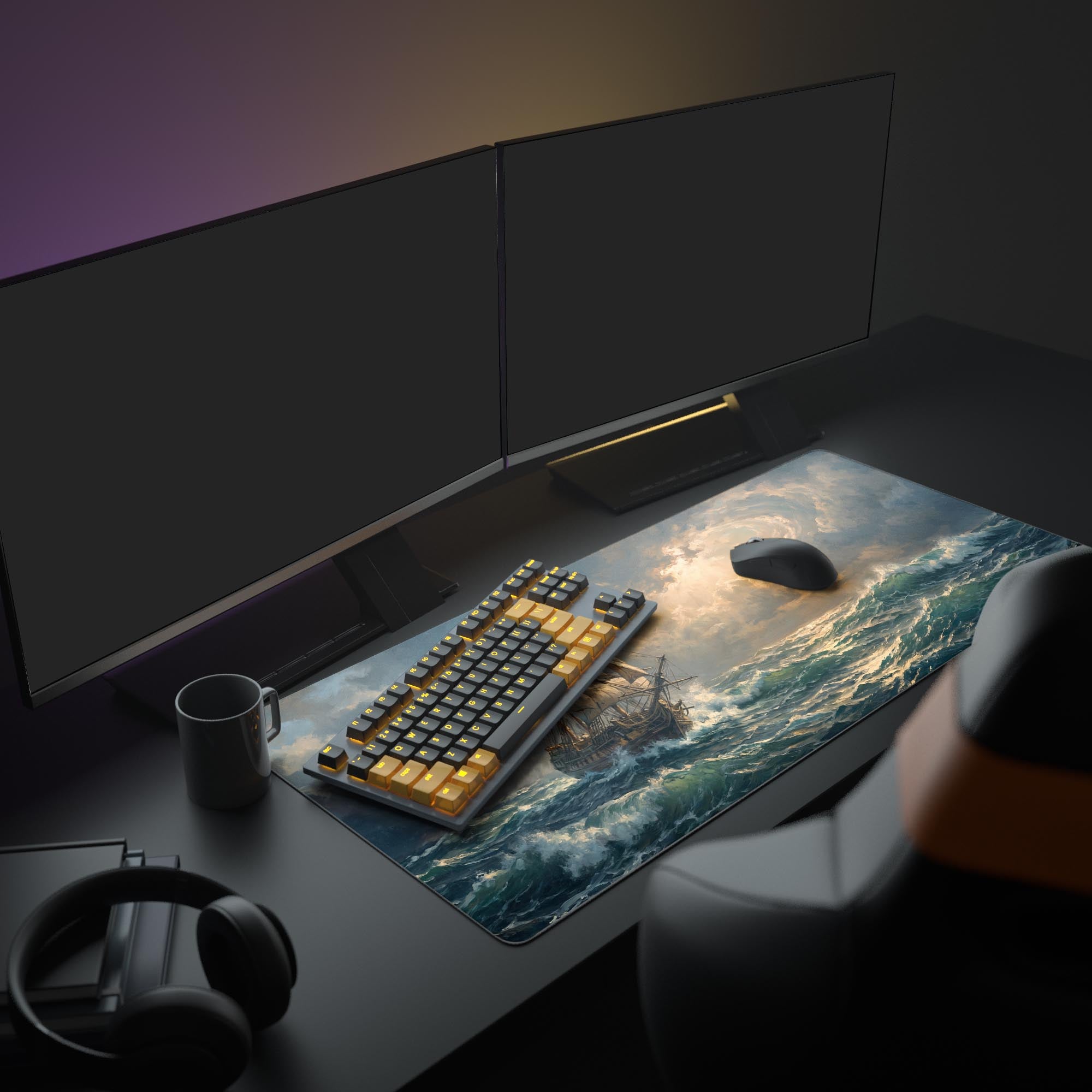 Detailed view of the desk mat artwork showing crashing emerald waves and intricate rigging on the tall ship.