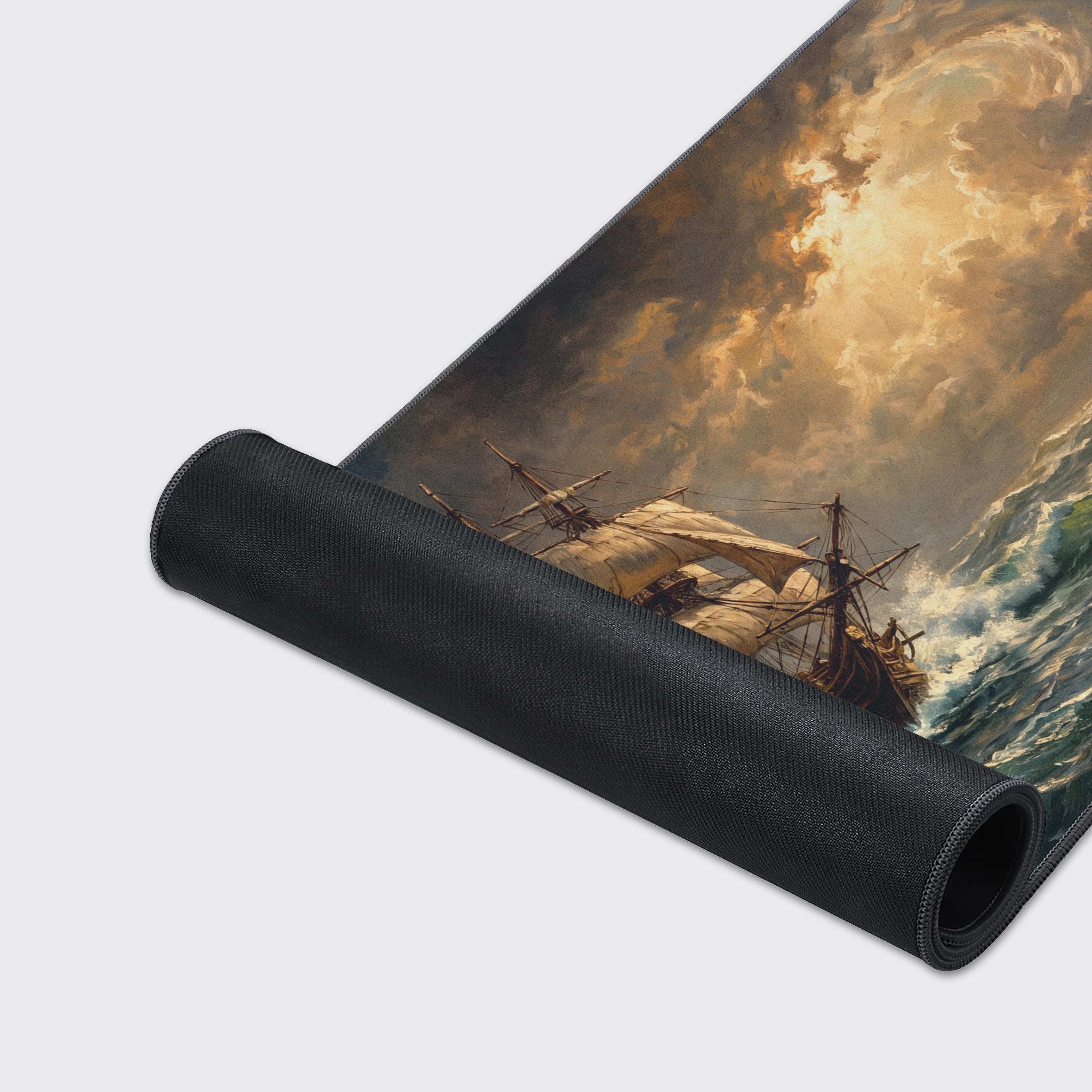 Product showcase of the sailing ship desk mat with a soft reflection underneath, set against a faded cloudy background.