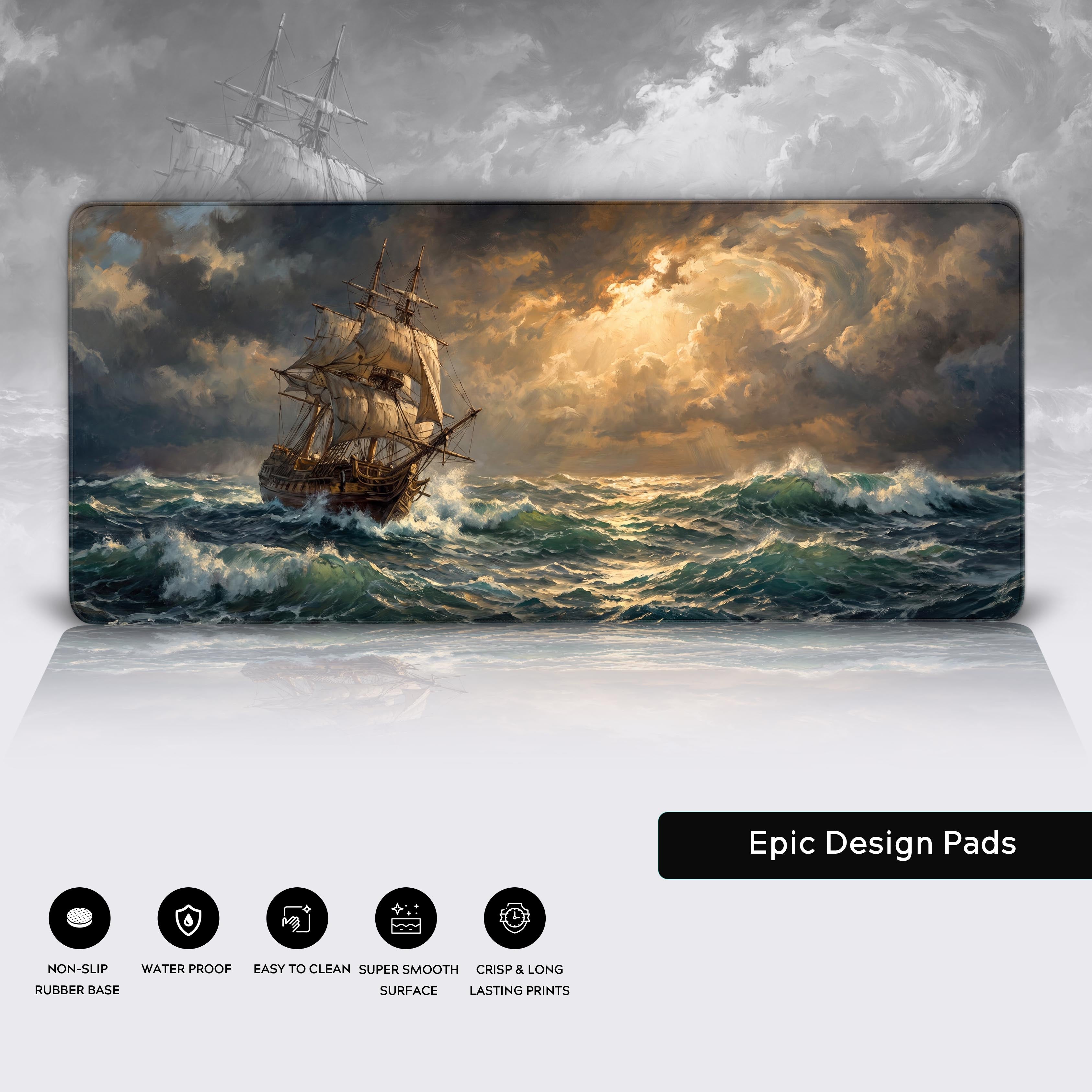 Product feature icons indicating the desk mat has a non-slip rubber base, is waterproof, easy to clean, has a smooth surface, and crisp prints.