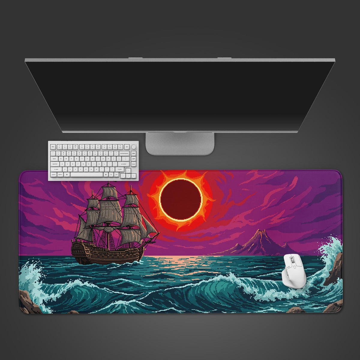 Pixel art desk mat featuring a galleon ship on a turbulent teal ocean beneath a fiery eclipse.