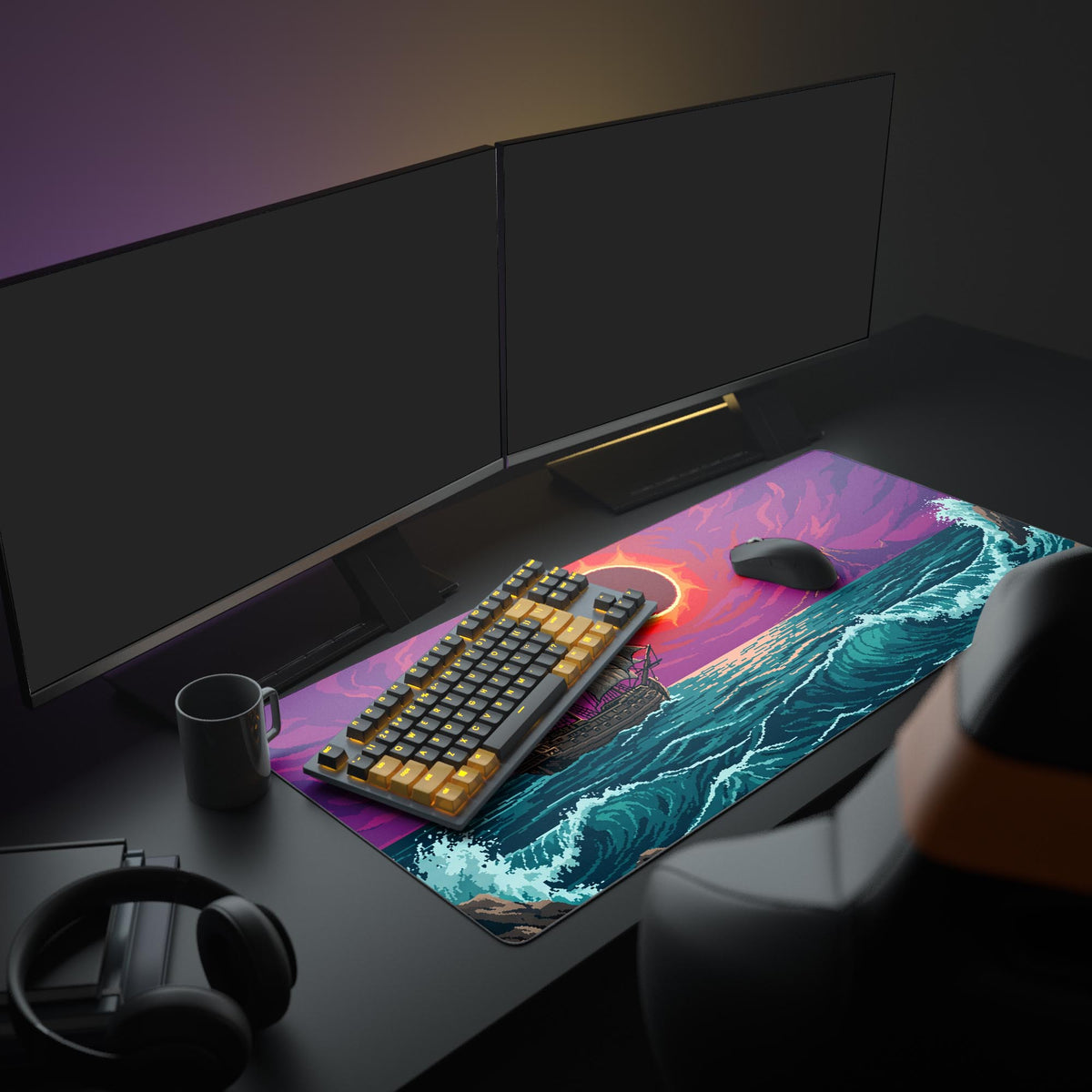 Product view of the desk mat displaying feature icons for non-slip, waterproof, and crisp prints beneath the artwork.