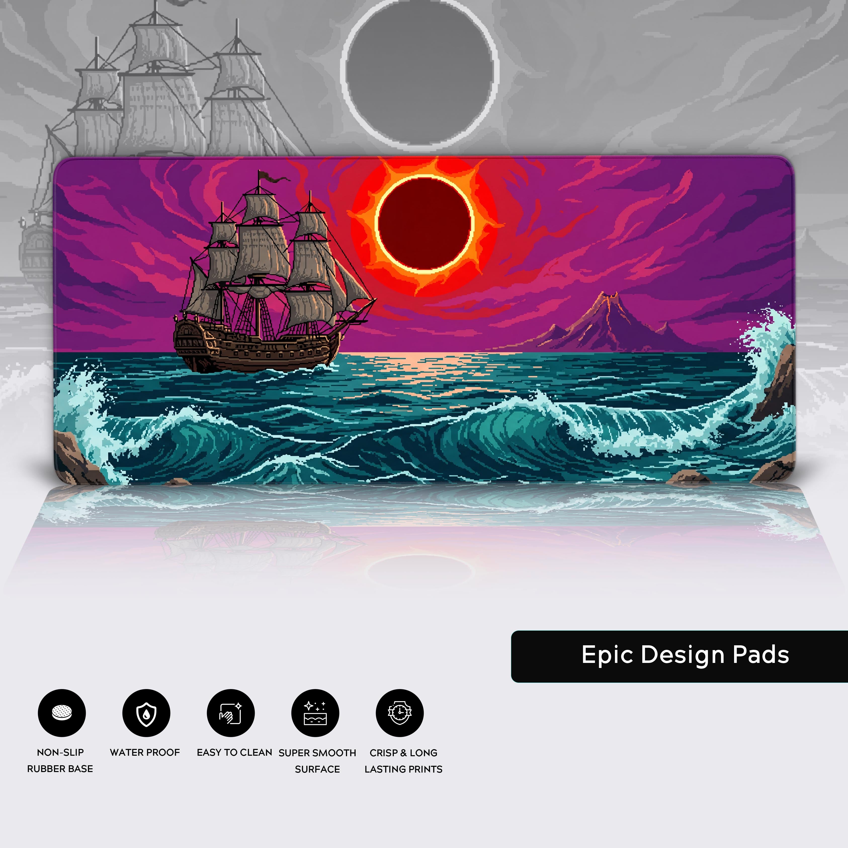 Close up of the vibrant magenta pixel art sky and the glowing red corona of the dark solar eclipse.