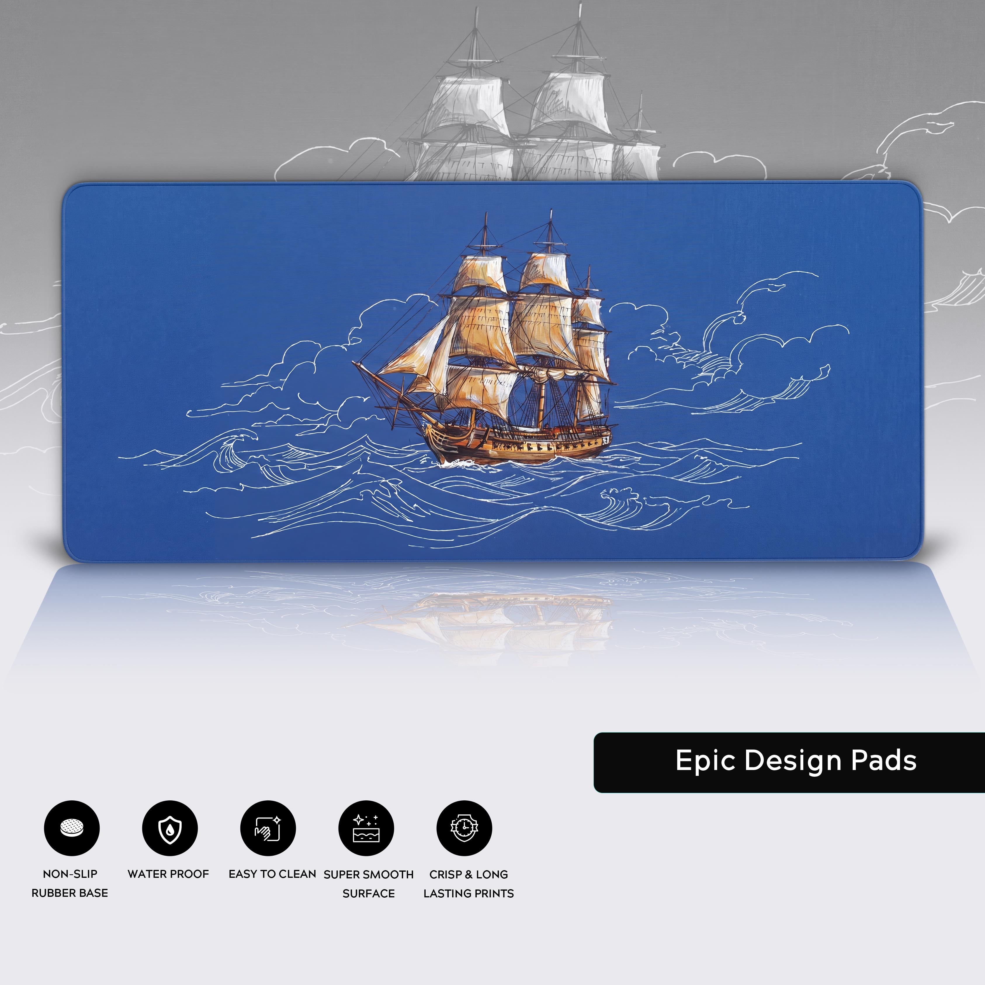A flat desk mat featuring blueprint maritime art of a sailing ship with a subtle reflection underneath.