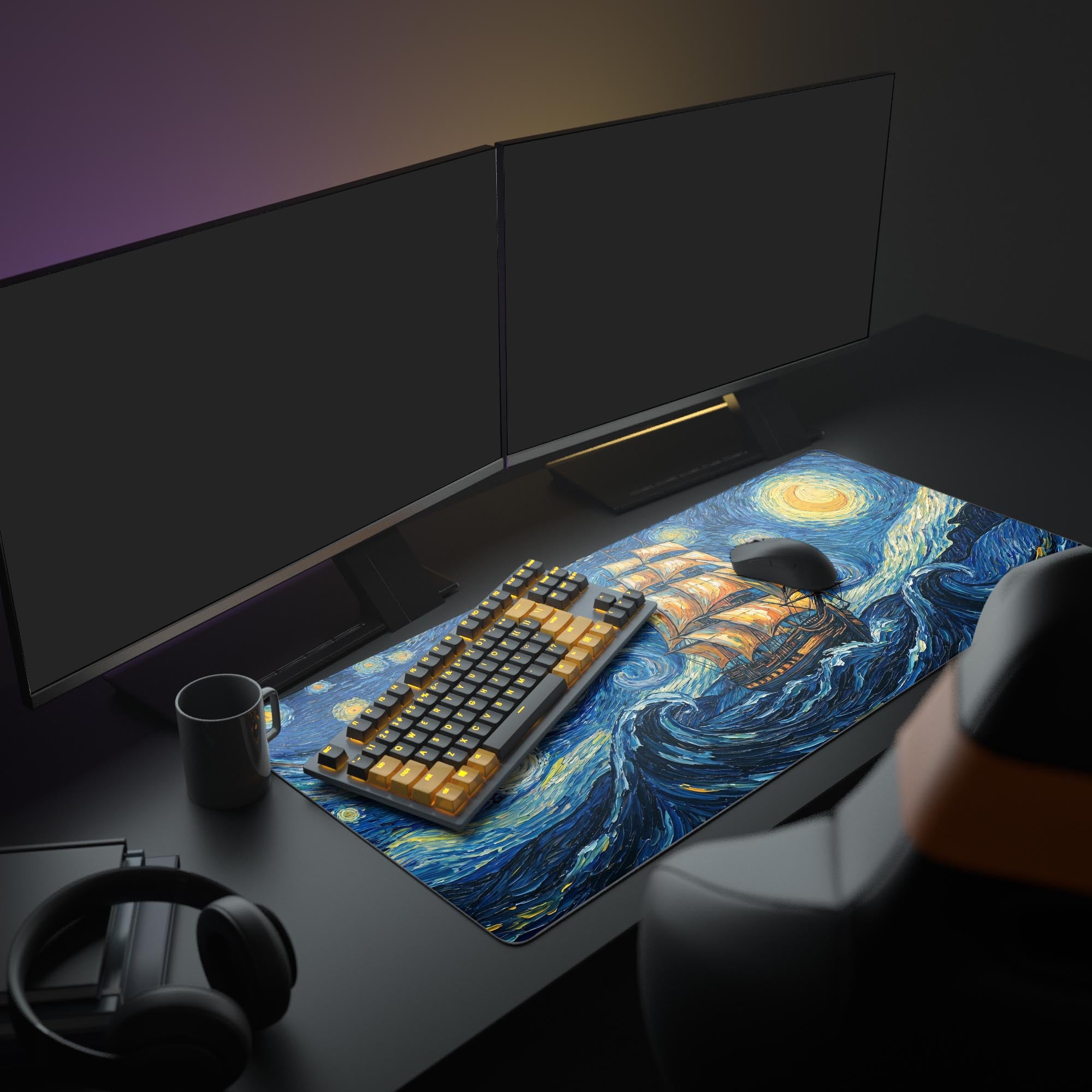 Close-up of the Starry Night Ship mouse pad highlighting the vibrant yellow moon and dynamic impasto-style brushstrokes.