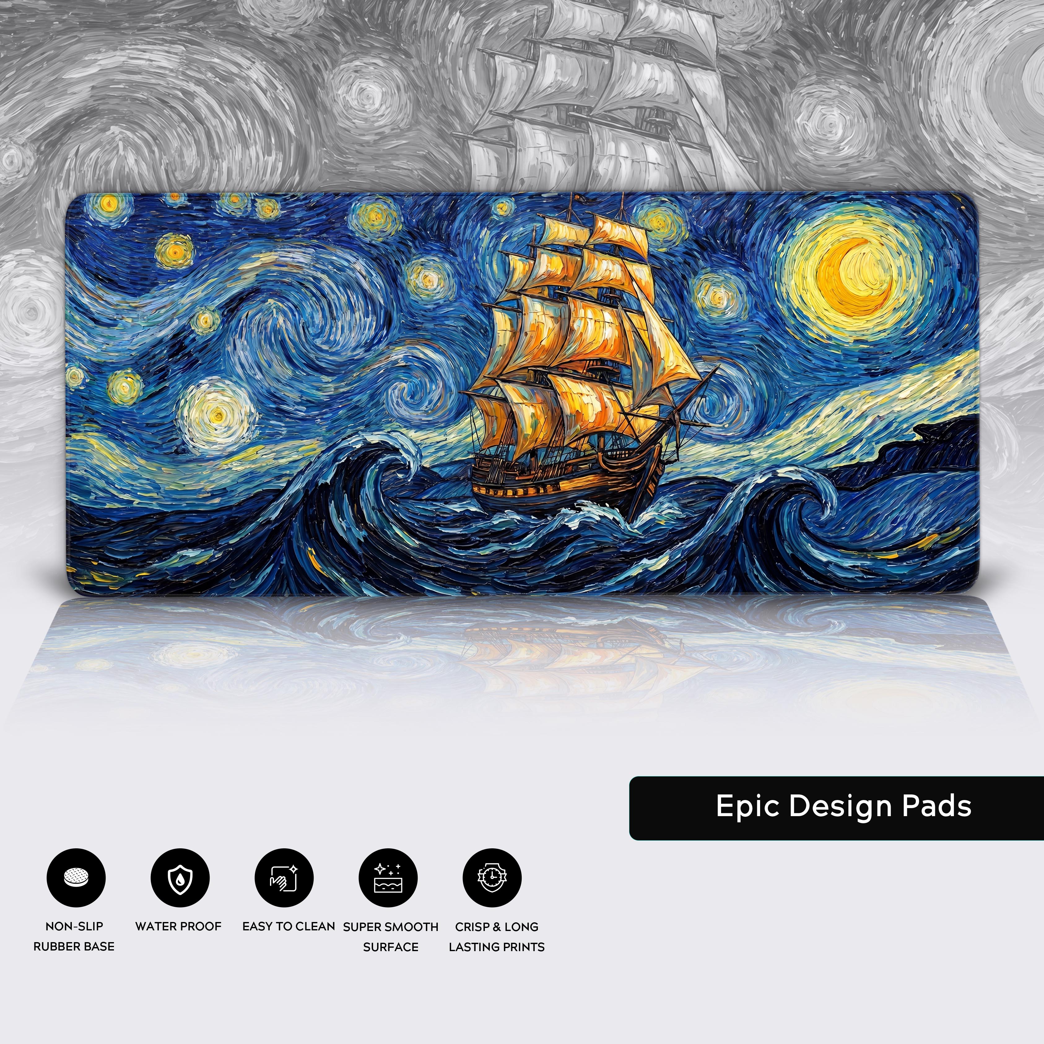 The Starry Night Ship XL gaming desk mat displayed on a reflective surface showcasing its dynamic maritime fine art design.