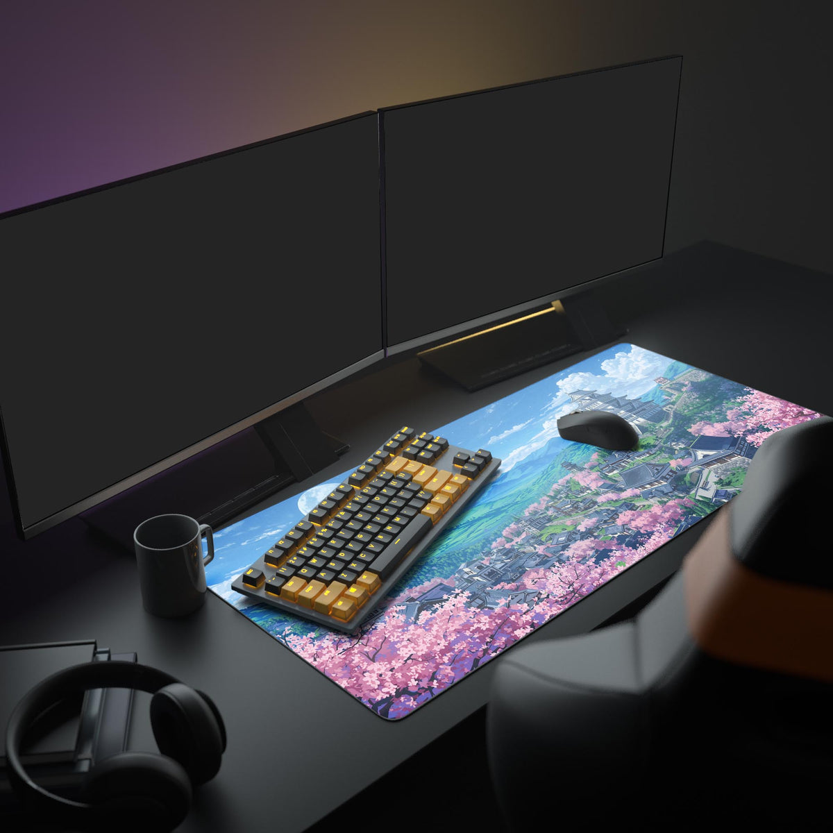 Large Sakura Castle gaming desk mat in an aesthetic setup with dual monitors, headphones, and a mechanical keyboard. - Epic Design Pads