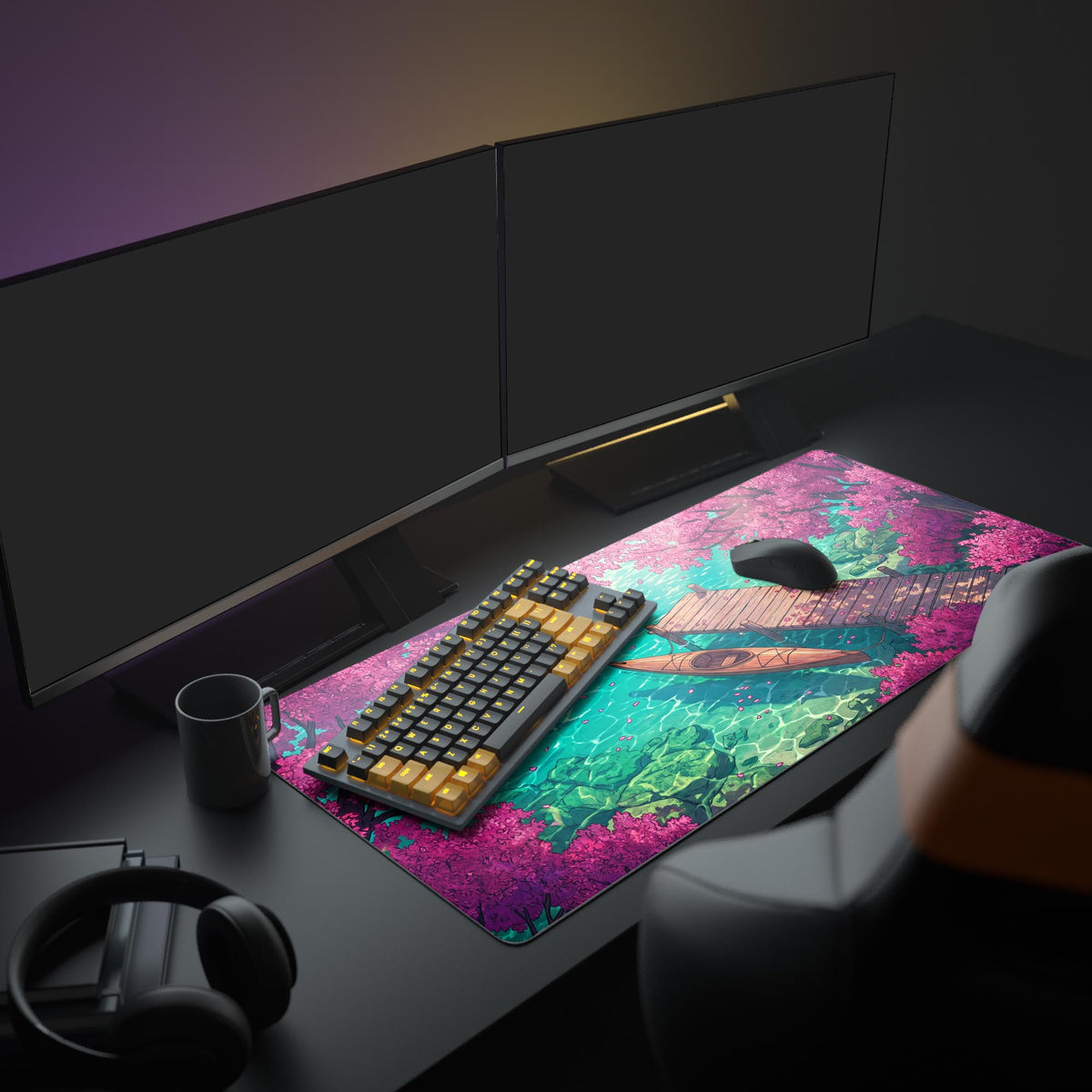 Desk mat on a dark desk with two monitors, keyboard, mouse, mug and headphones; pink blossoms around a dock and kayak