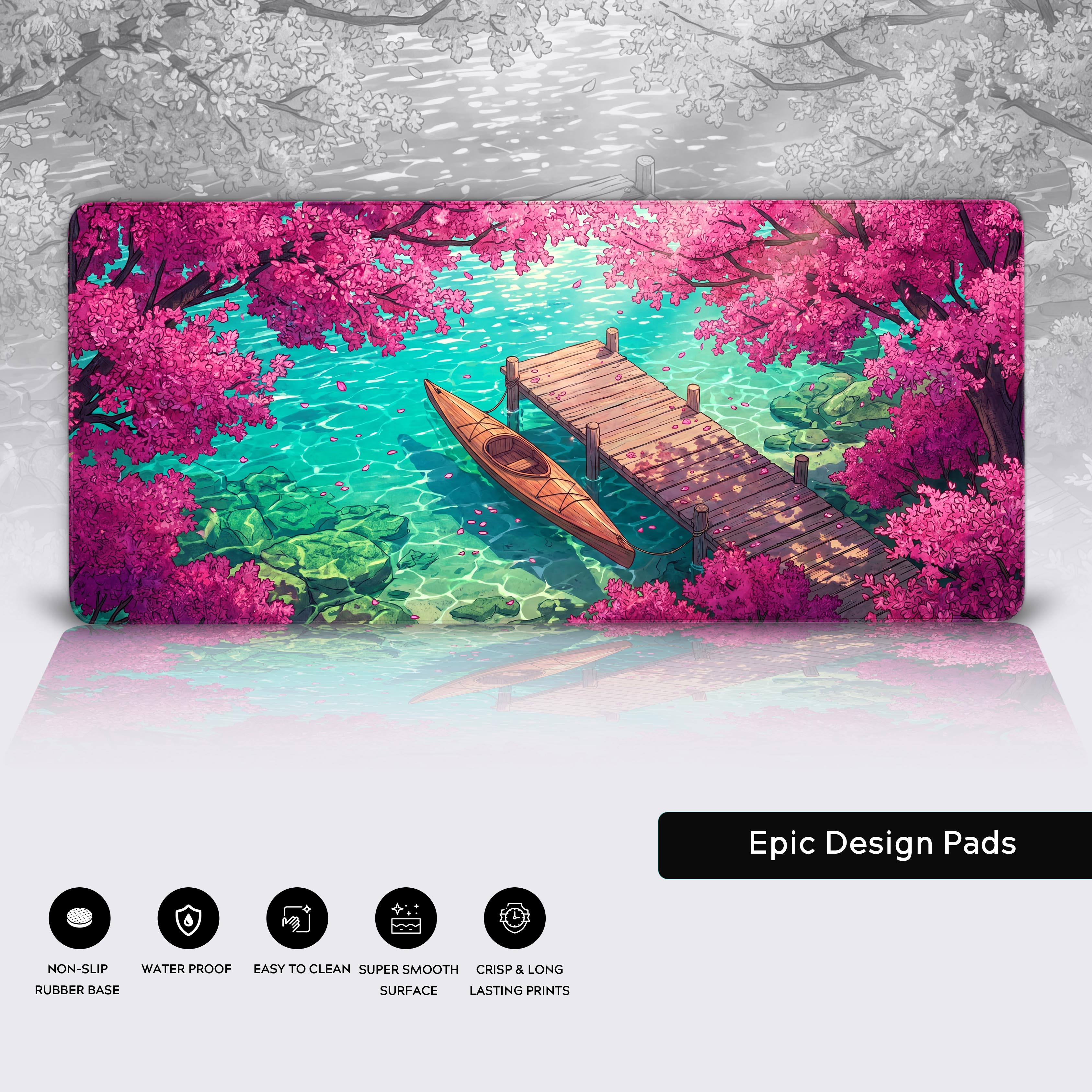 Product feature icons highlighting the non-slip rubber base, waterproof surface, easy cleaning, and long-lasting print of the cherry blossom desk mat.